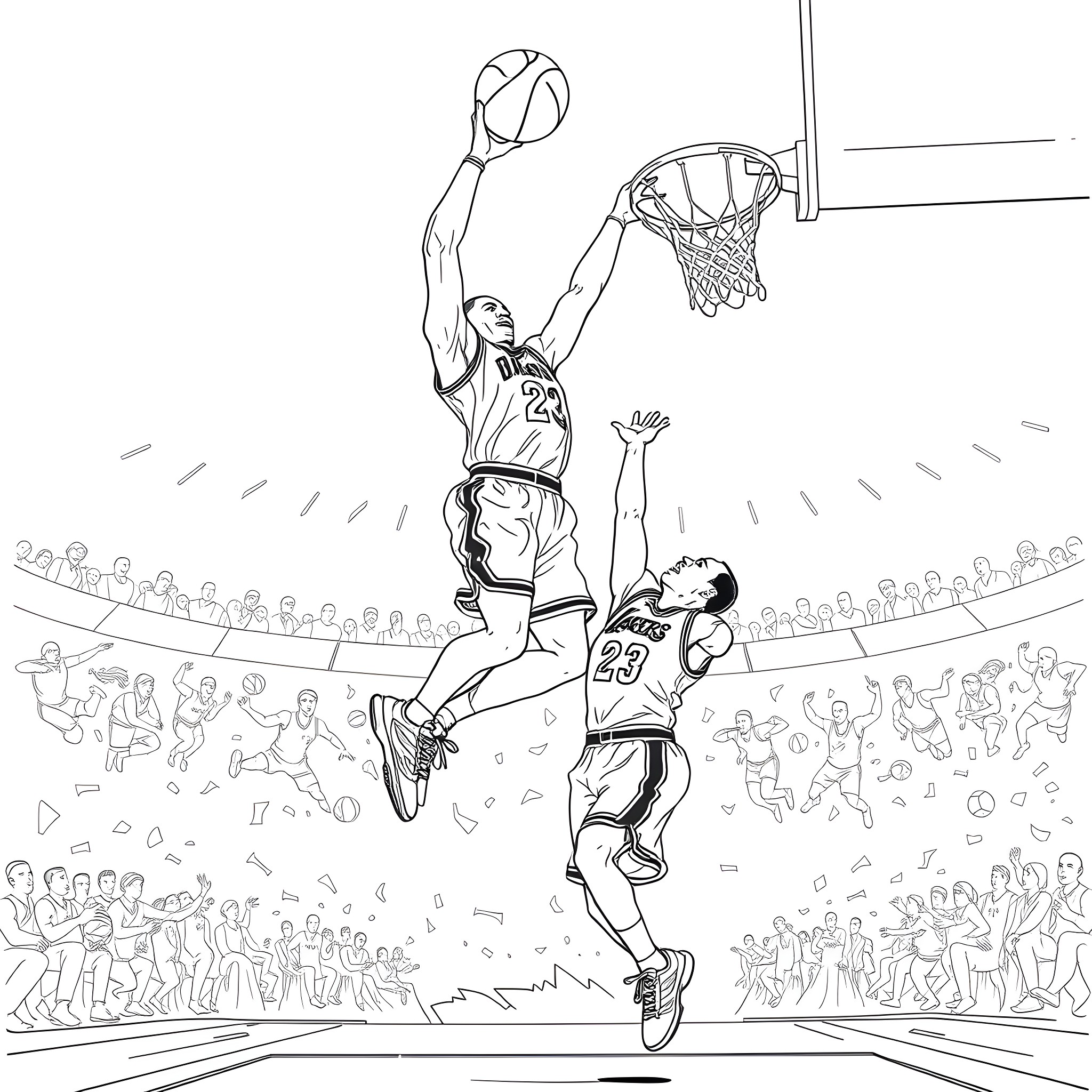 Michael Jordan dunking over defenders in a basketball game Coloring Page (free black-and-white line drawing printable PDF for all, from beginners to advanced learners, including children, teens, adults, and seniors)