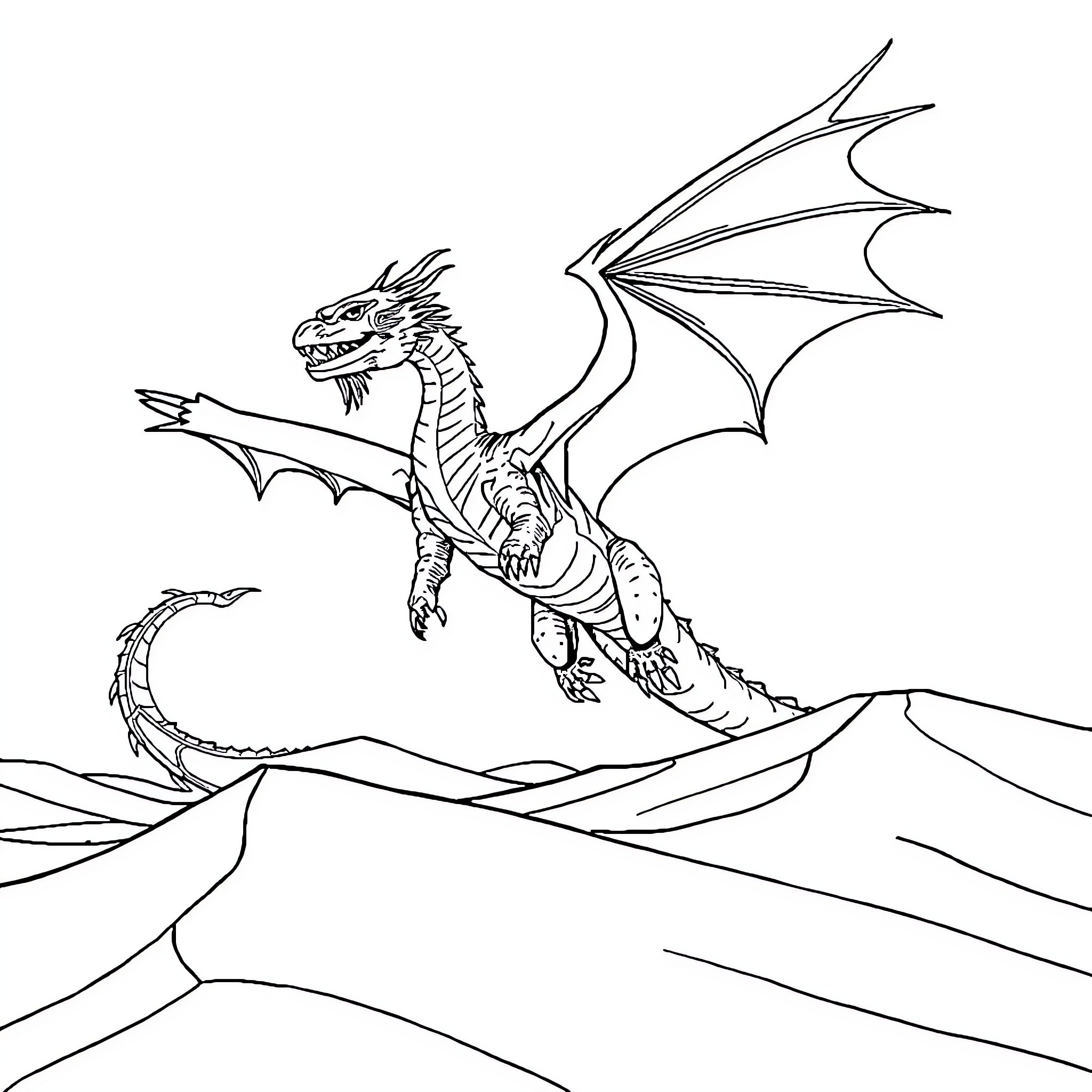 Dragon soaring over rugged mountains Coloring Page (free black-and-white line drawing printable PDF for all, from beginners to advanced learners, including children, teens, adults, and seniors)