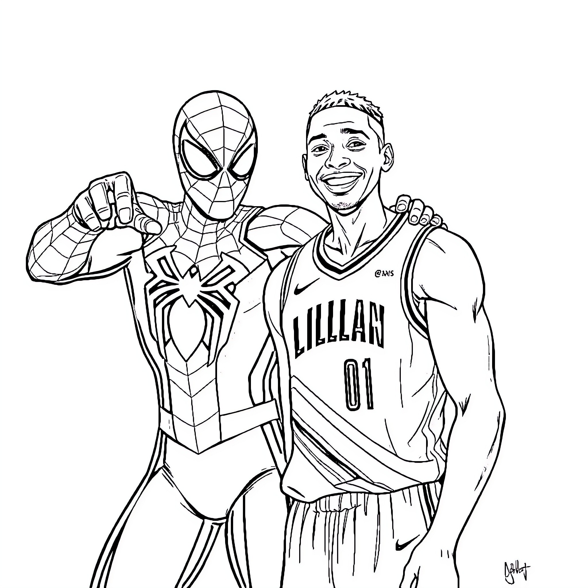 Spiderman teams up with a basketball player Coloring Page (free black-and-white line drawing printable PDF for all, from beginners to advanced learners, including children, teens, adults, and seniors)