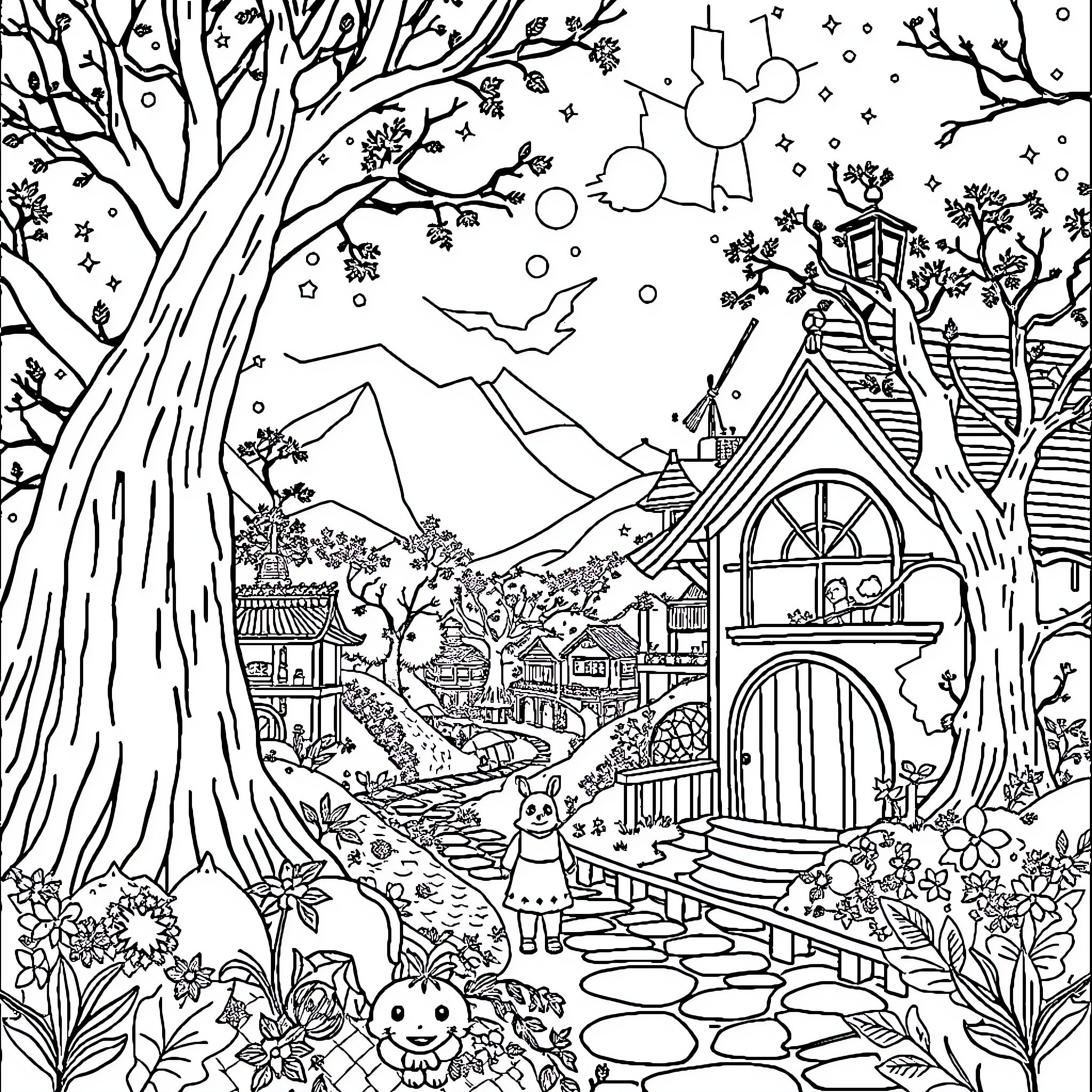 Studio Ghibli inspired fantasy landscape with whimsical elements Coloring Page (free black-and-white line drawing printable PDF for all, from beginners to advanced learners, including children, teens, adults, and seniors)