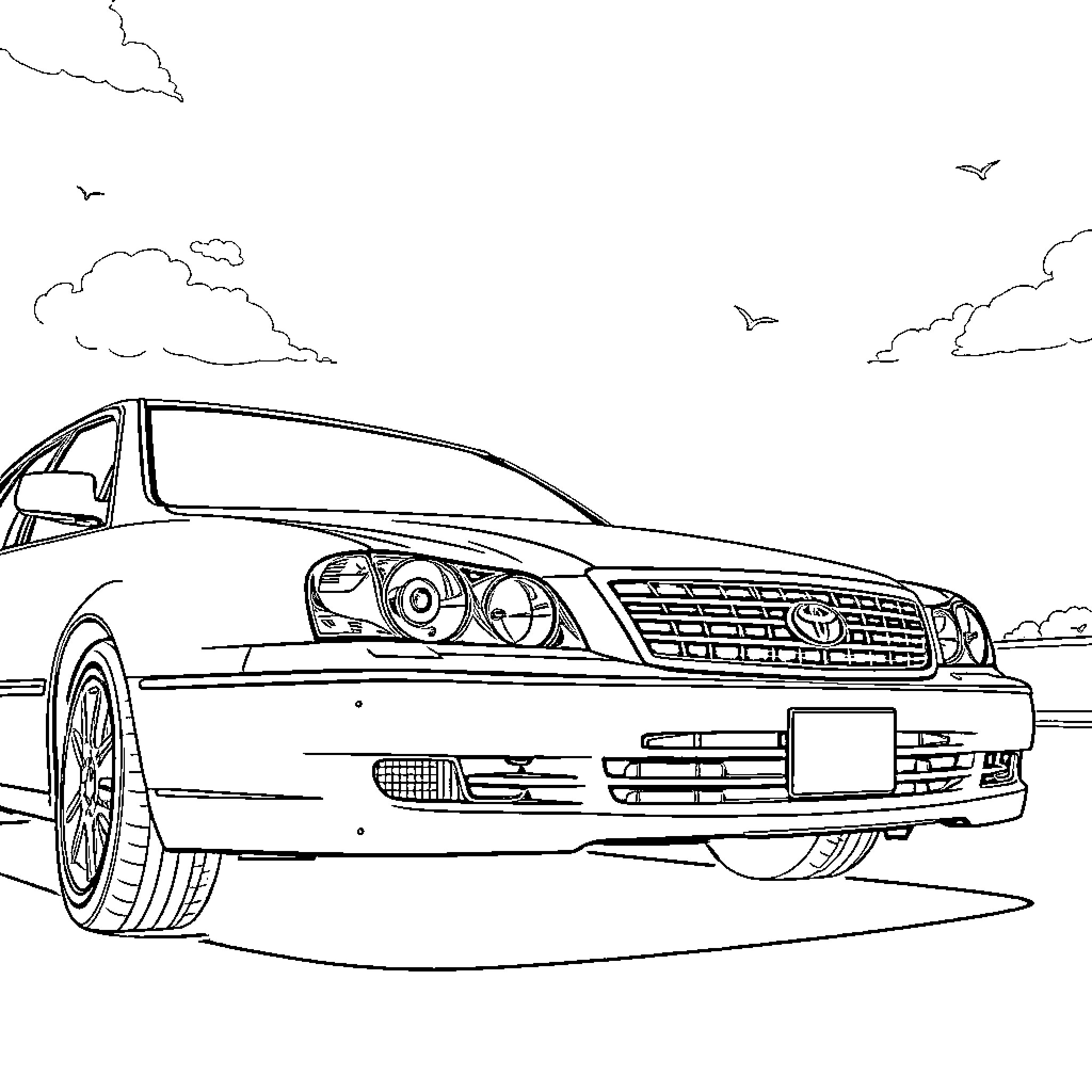 Toyota sports car driving on open road Coloring Page (free black-and-white line drawing printable PDF for all, from beginners to advanced learners, including children, teens, adults, and seniors)