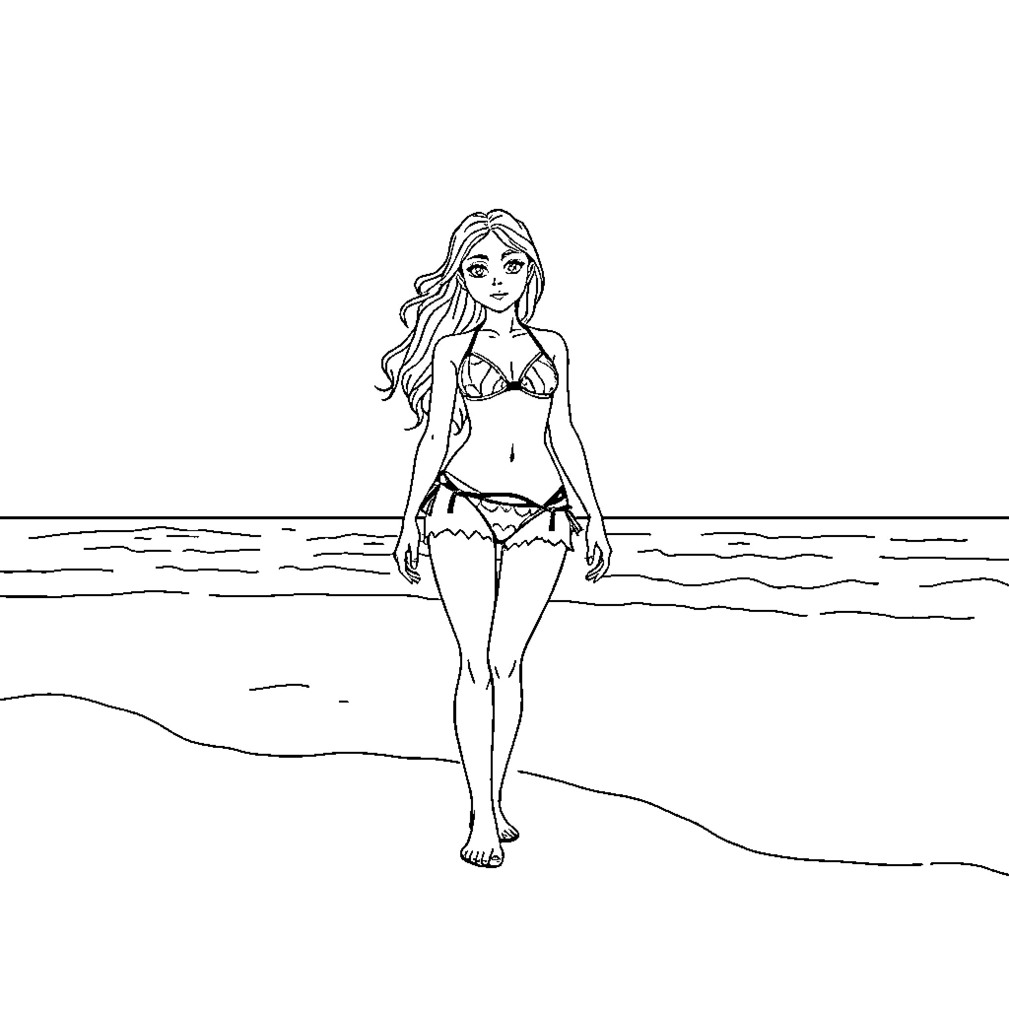 Girl enjoying a day at the beach Coloring Page (free black-and-white line drawing printable PDF for all, from beginners to advanced learners, including children, teens, adults, and seniors)
