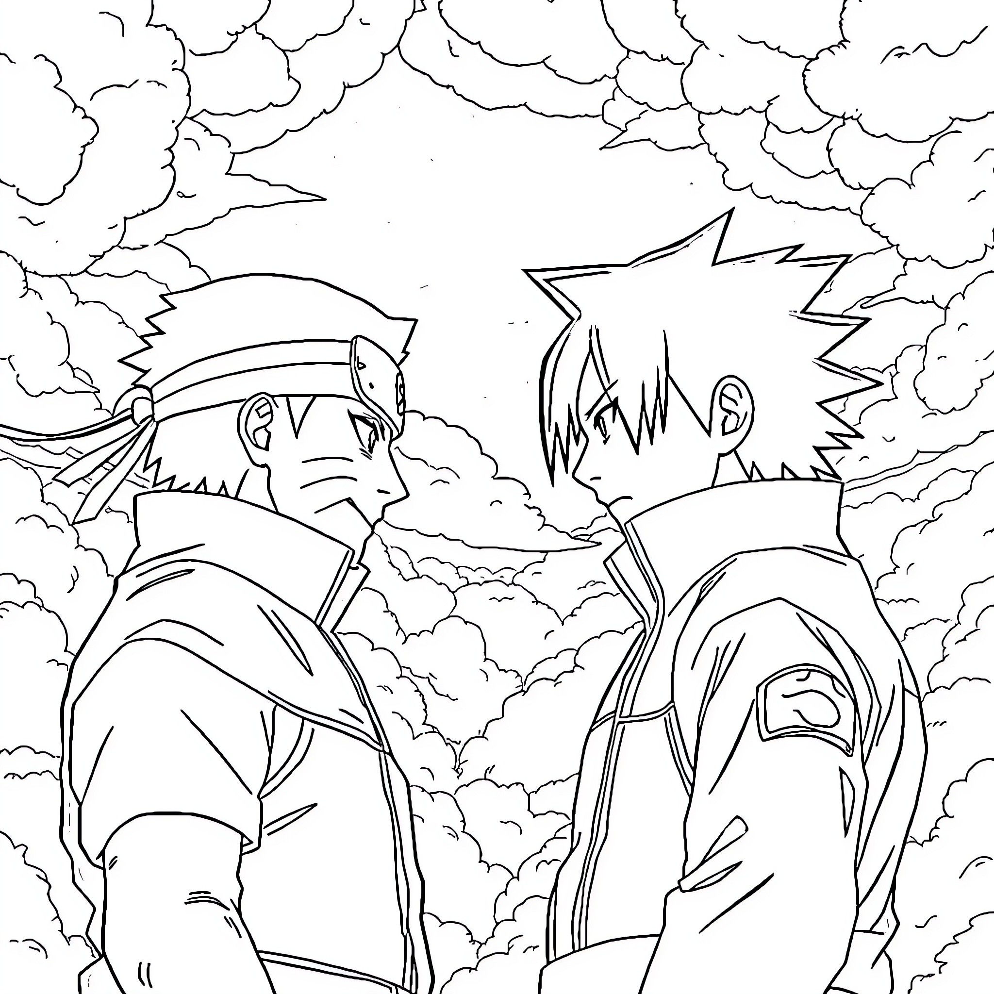 Naruto characters in an intense battle amid clouds Coloring Page (free black-and-white line drawing printable PDF for all, from beginners to advanced learners, including children, teens, adults, and seniors)
