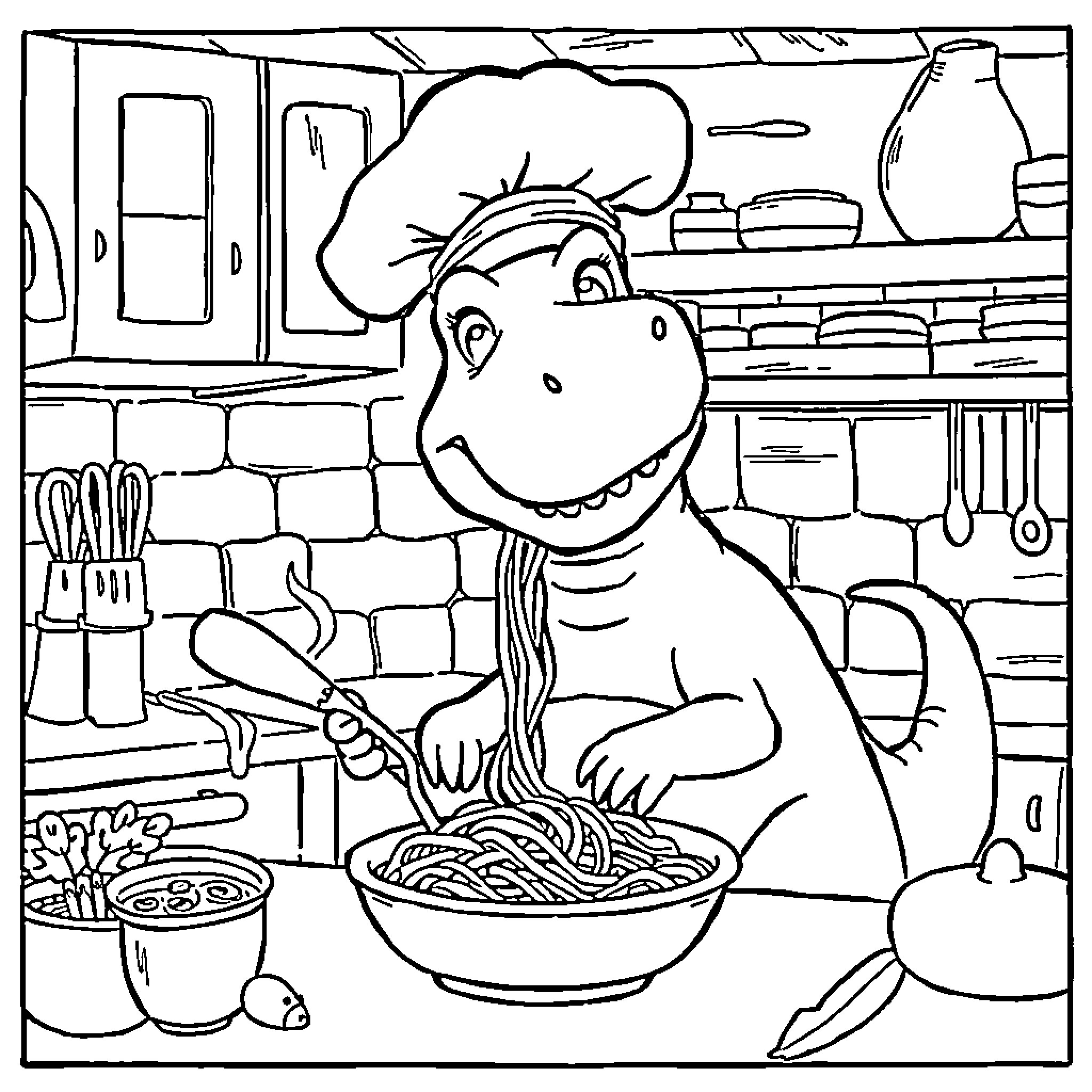 Dinosaur chef cooking spaghetti in a kitchen Coloring Page (free black-and-white line drawing printable PDF for all, from beginners to advanced learners, including children, teens, adults, and seniors)