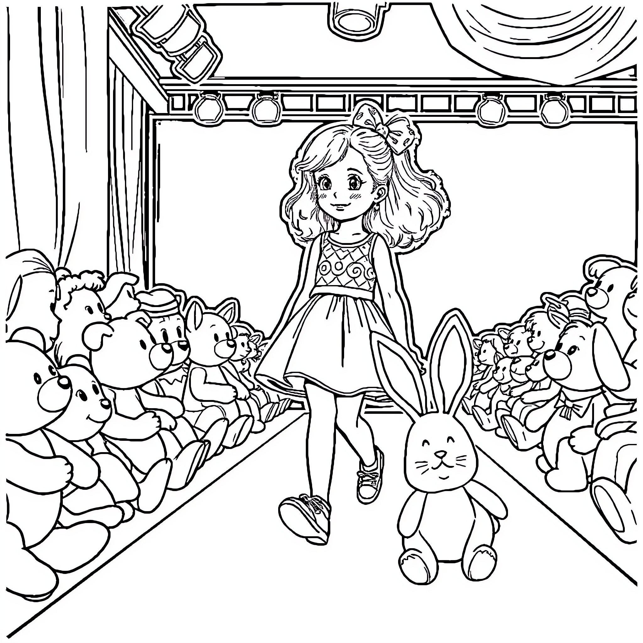 Bunny Girl Performing on Stage with Plush Companions Coloring Page (free black-and-white line drawing printable PDF for all, from beginners to advanced learners, including children, teens, adults, and seniors)