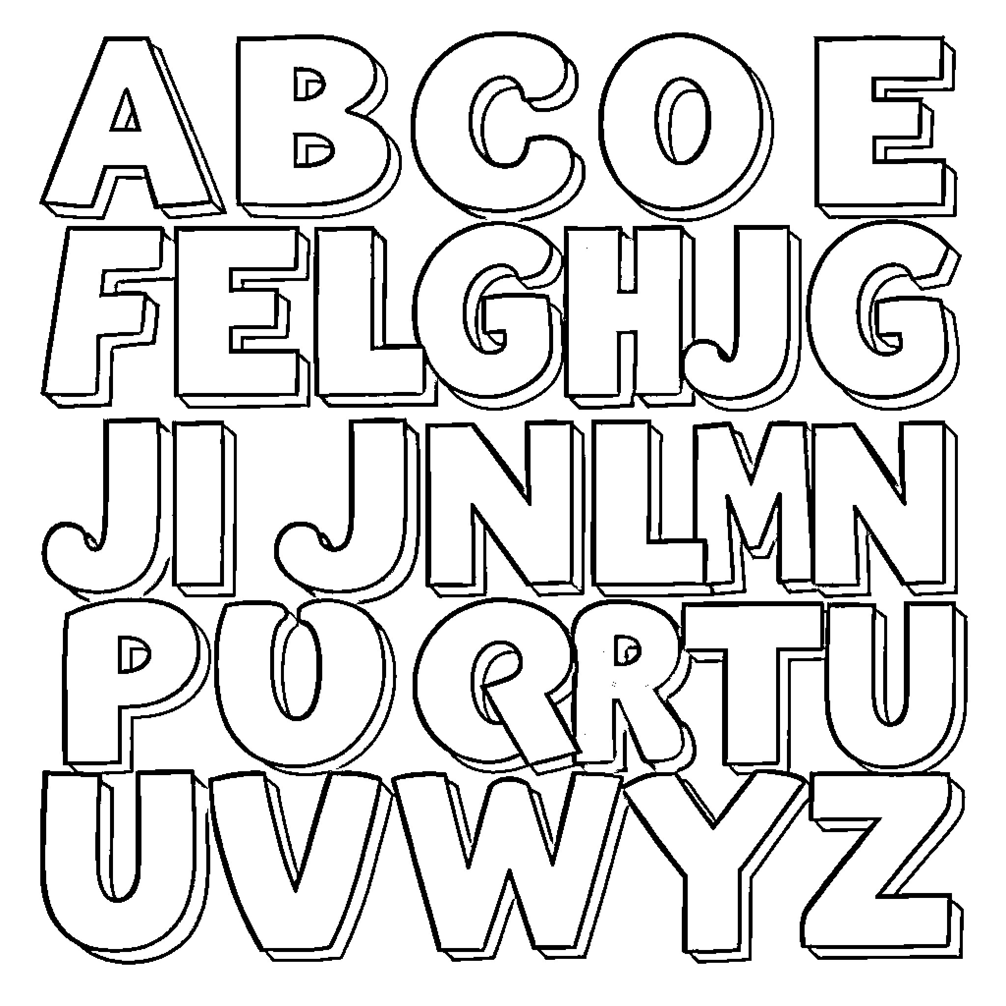 Alphabet in bold outline design Coloring Page (free black-and-white line drawing printable PDF for all, from beginners to advanced learners, including children, teens, adults, and seniors)