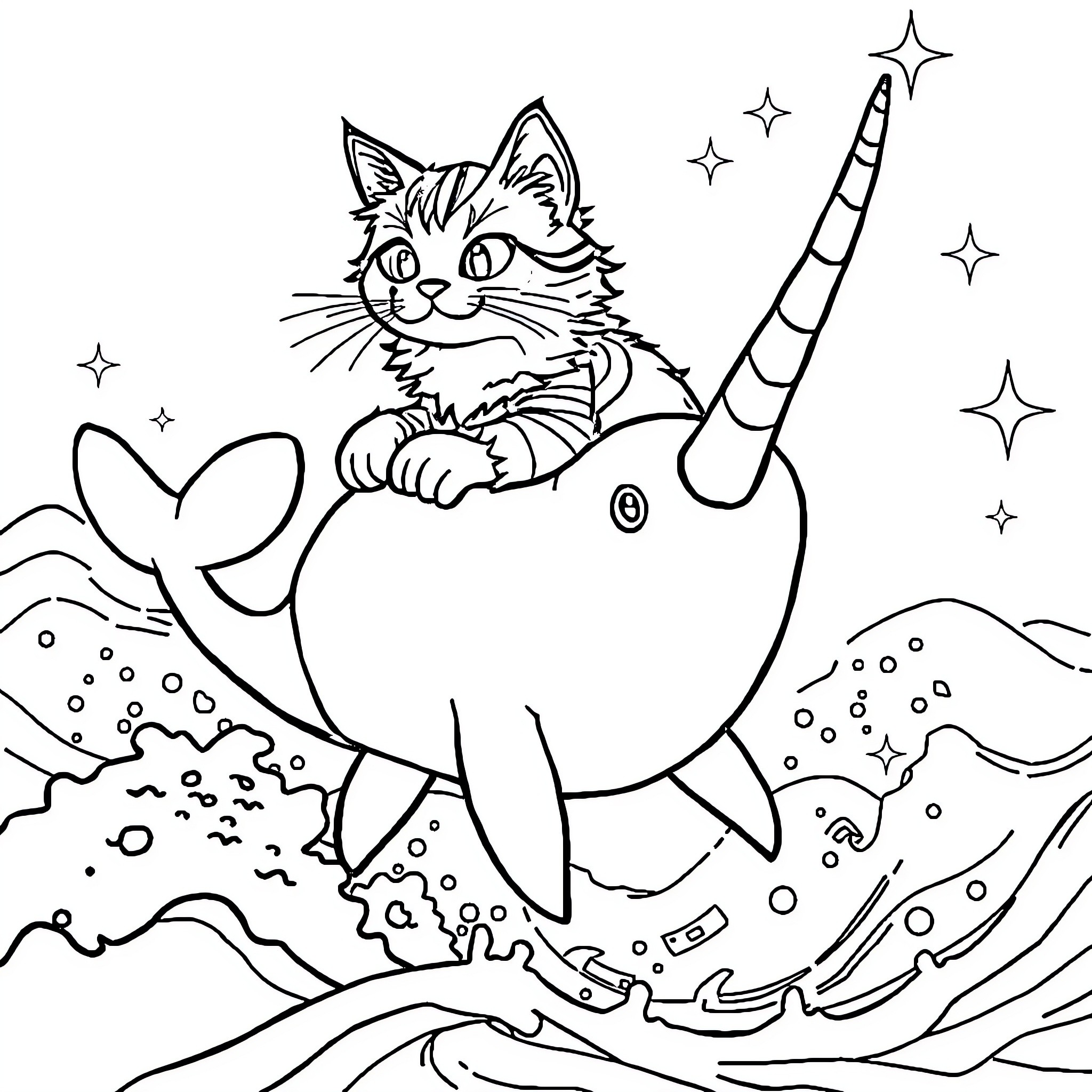 Calico Cat riding a majestic unicorn in a fantasy landscape Coloring Page (free black-and-white line drawing printable PDF for all, from beginners to advanced learners, including children, teens, adults, and seniors)