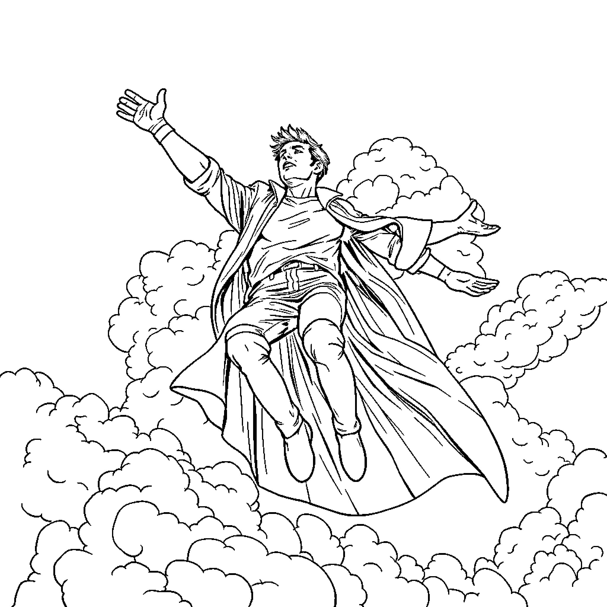 Man soaring in the clouds with heroic pose Coloring Page (free black-and-white line drawing printable PDF for all, from beginners to advanced learners, including children, teens, adults, and seniors)