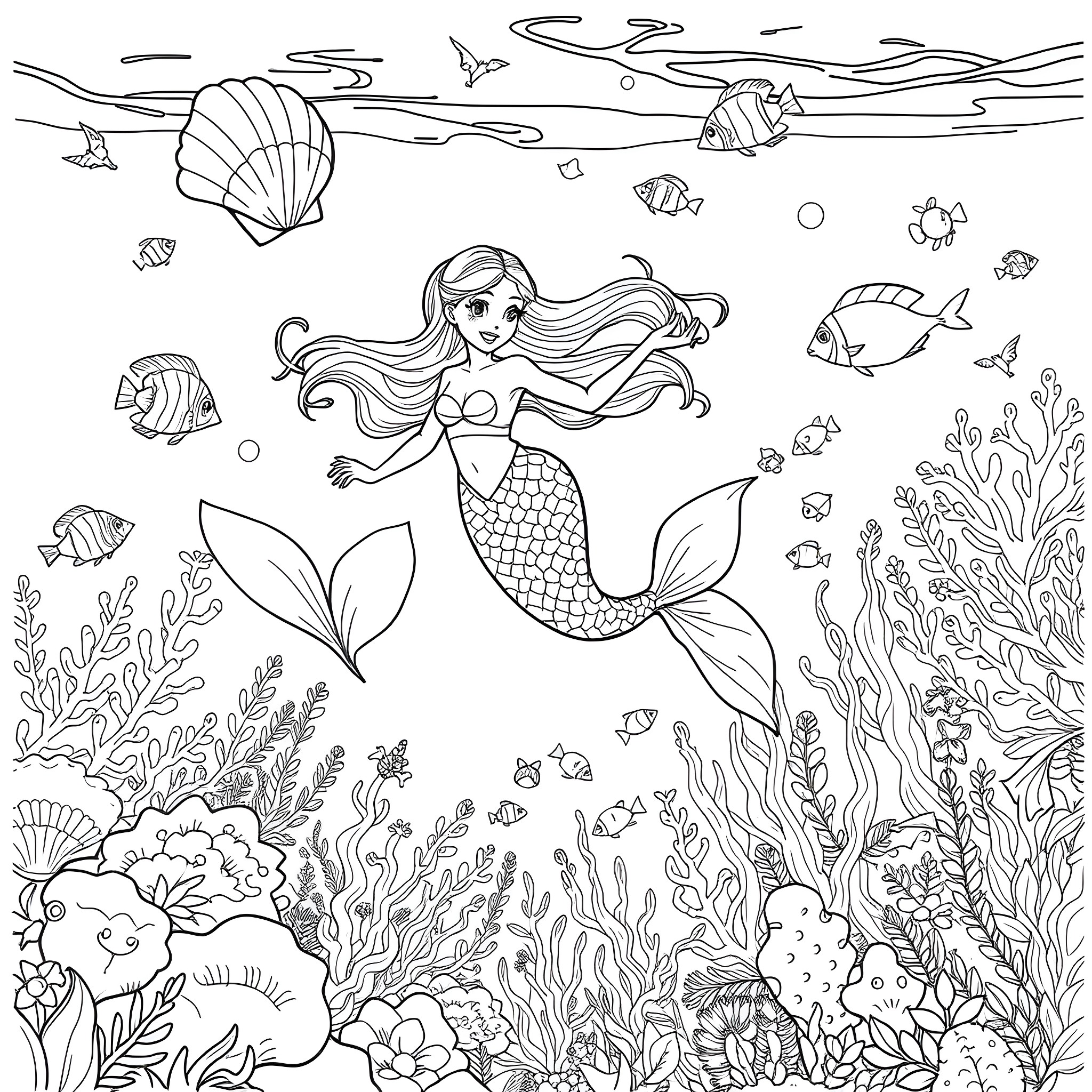 Miane's Underwater Adventure with Enchanting Creatures Coloring Page (free black-and-white line drawing printable PDF for all, from beginners to advanced learners, including children, teens, adults, and seniors)