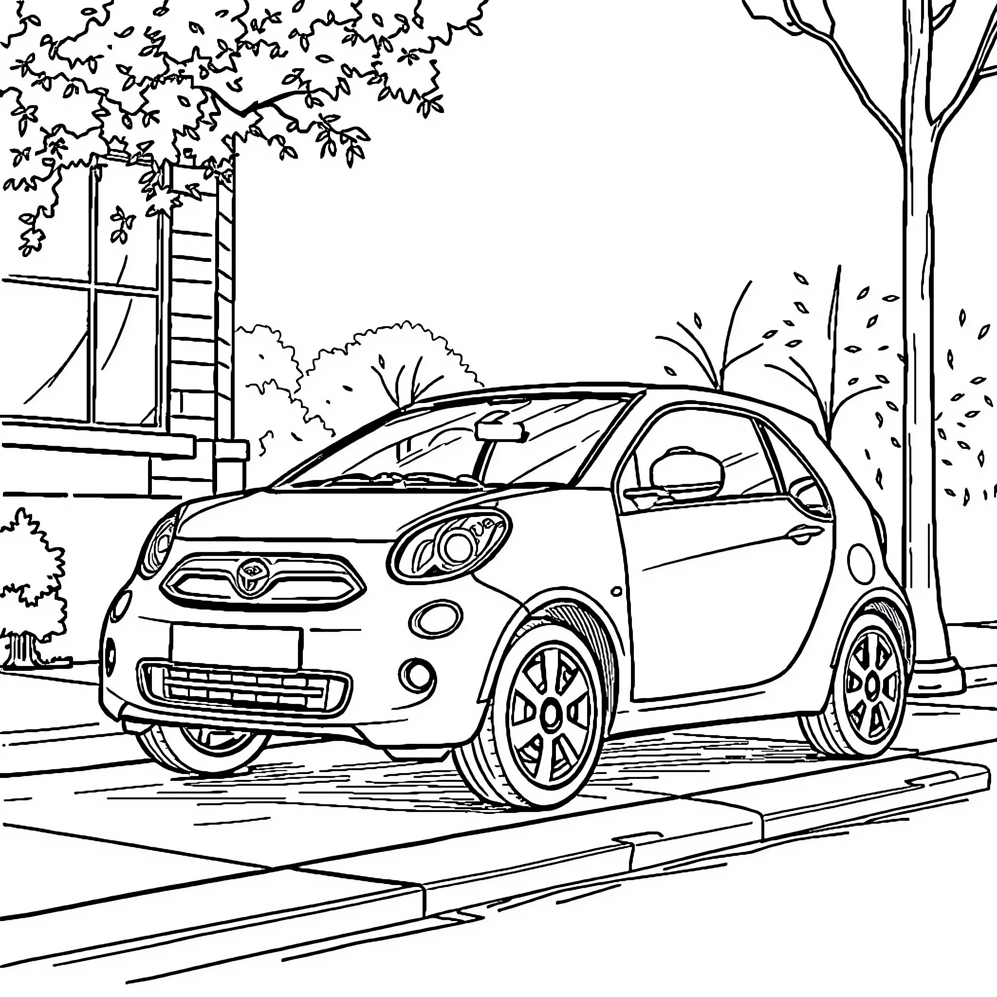 Car parked in urban environment with trees Coloring Page (free black-and-white line drawing printable PDF for all, from beginners to advanced learners, including children, teens, adults, and seniors)