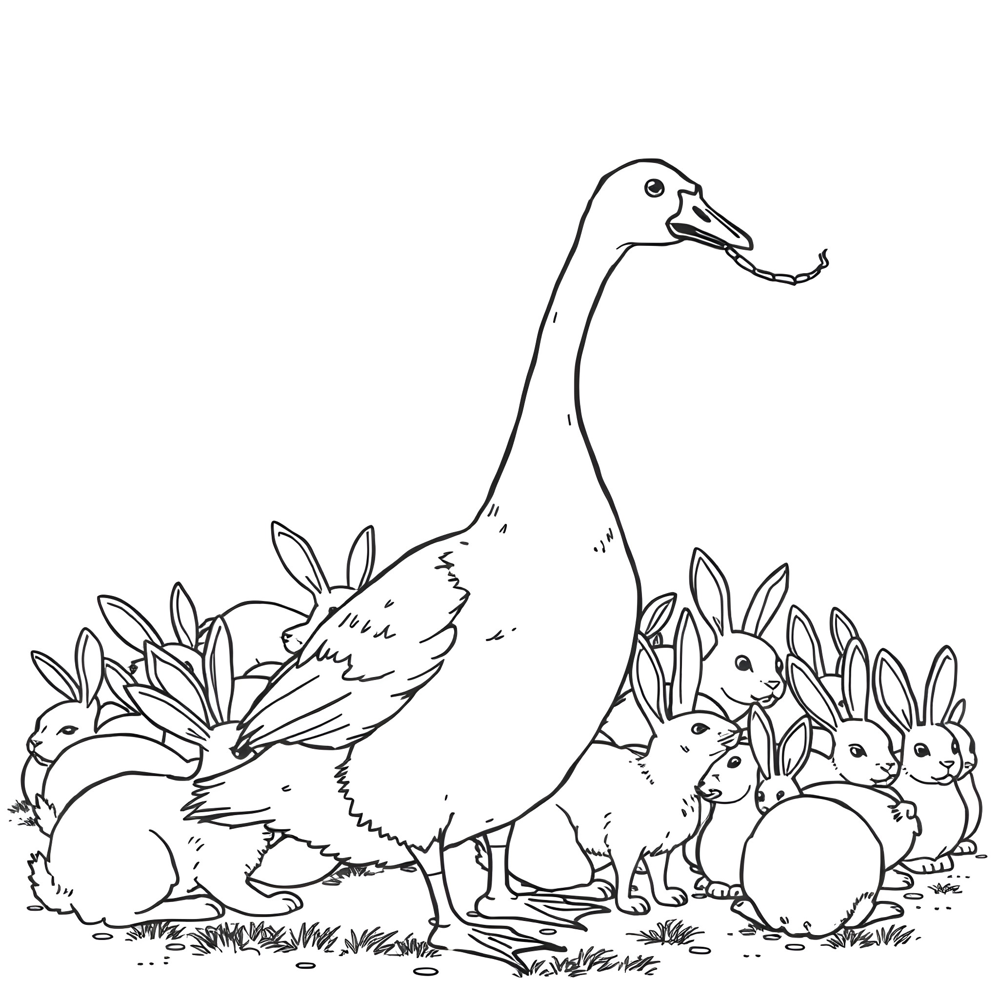 Goose among playful bunnies in a field Coloring Page (free black-and-white line drawing printable PDF for all, from beginners to advanced learners, including children, teens, adults, and seniors)