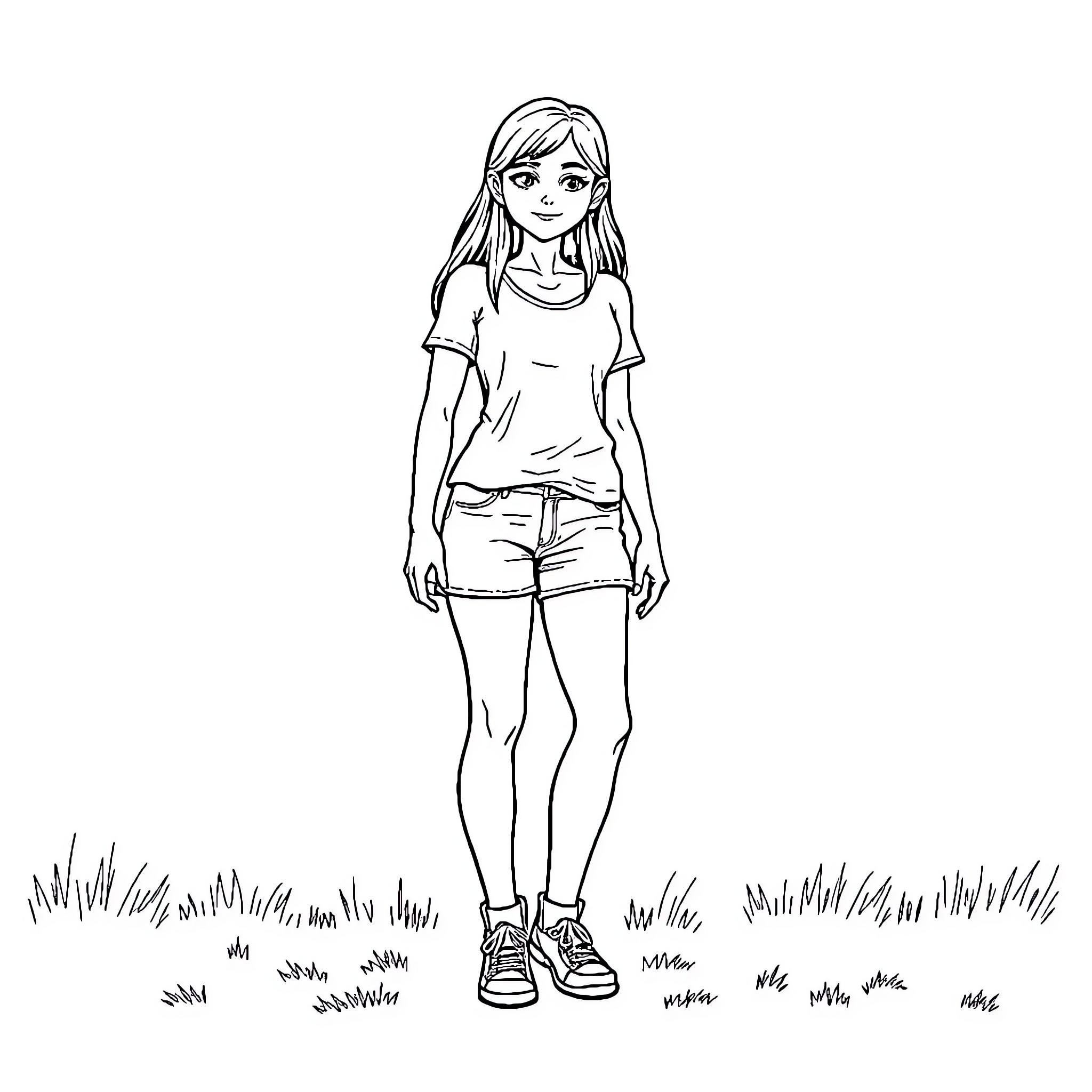 Teen Girl Standing in Nature Coloring Page (free black-and-white line drawing printable PDF for all, from beginners to advanced learners, including children, teens, adults, and seniors)