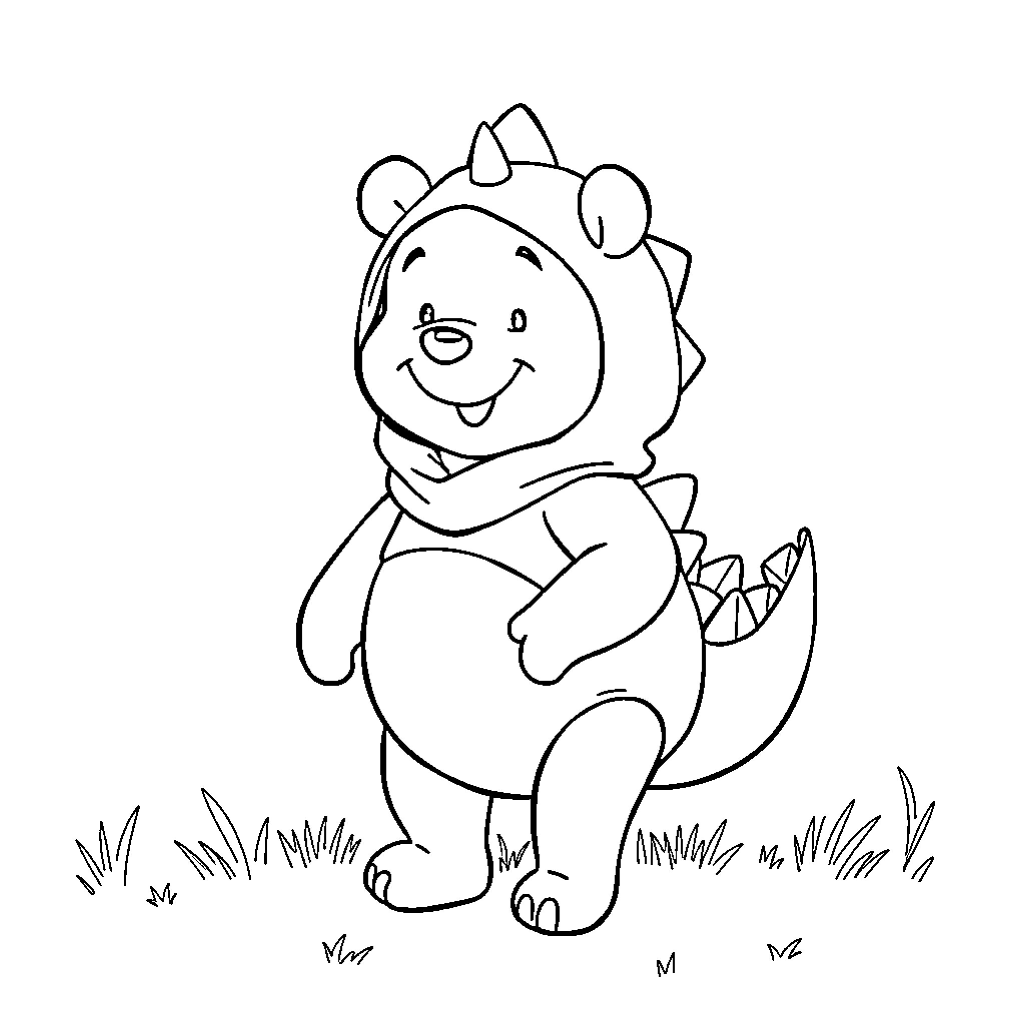 Pooh Bear in a dinosaur costume smiling Coloring Page (free black-and-white line drawing printable PDF for all, from beginners to advanced learners, including children, teens, adults, and seniors)