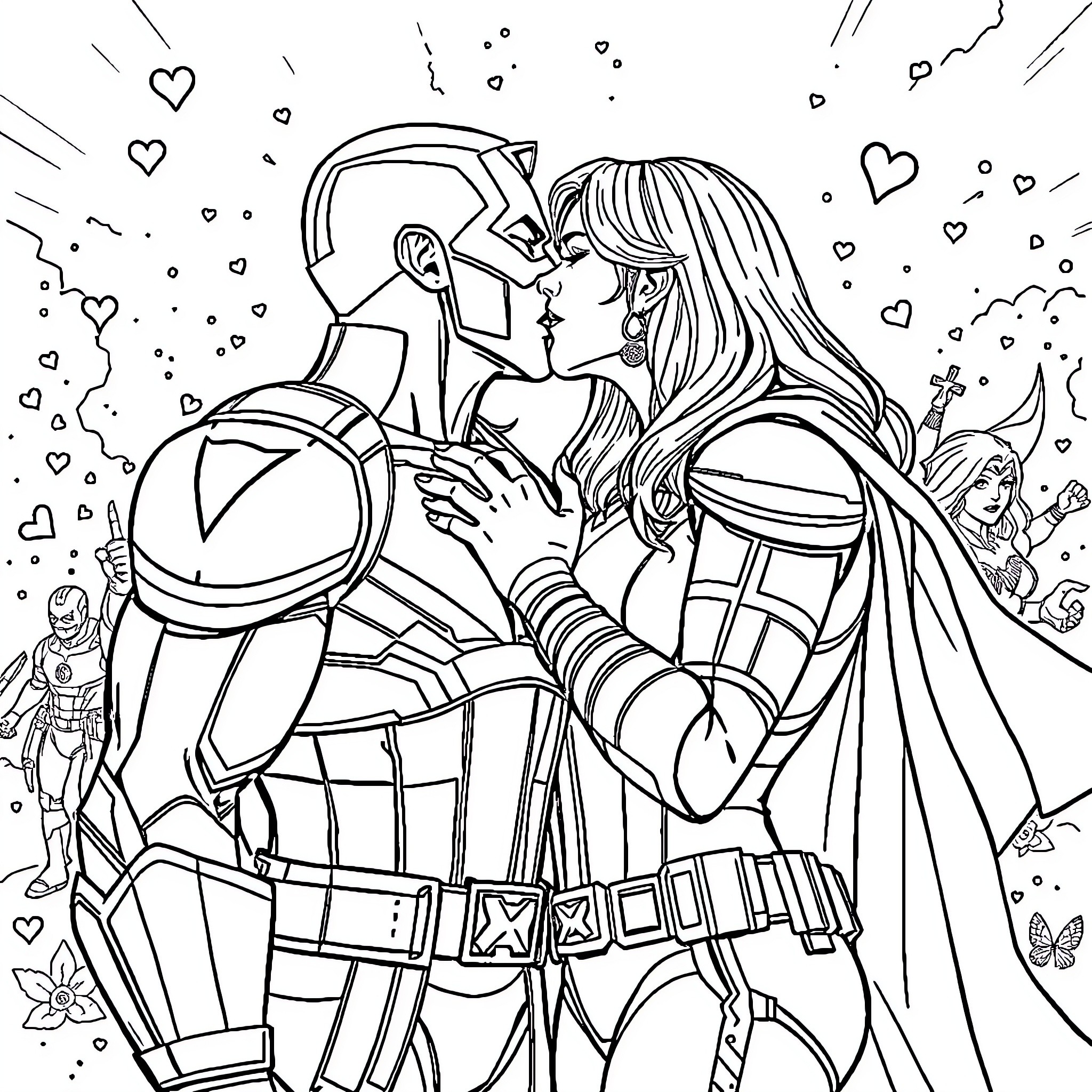 Avenger Couple's Intimate Moment Amidst the Action Coloring Page (free black-and-white line drawing printable PDF for all, from beginners to advanced learners, including children, teens, adults, and seniors)