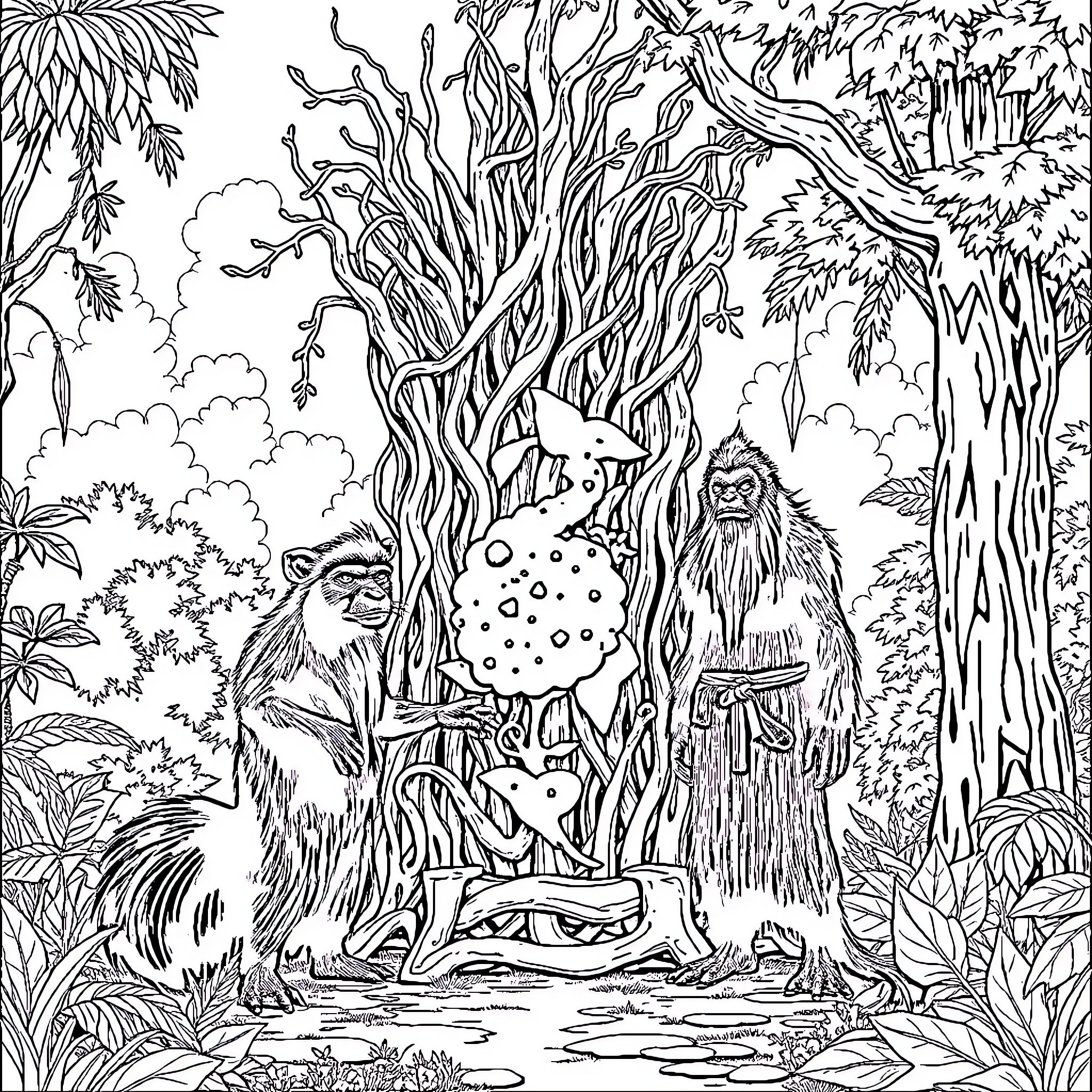 Skunk Ape encounter in the enchanted forest Coloring Page (free black-and-white line drawing printable PDF for all, from beginners to advanced learners, including children, teens, adults, and seniors)