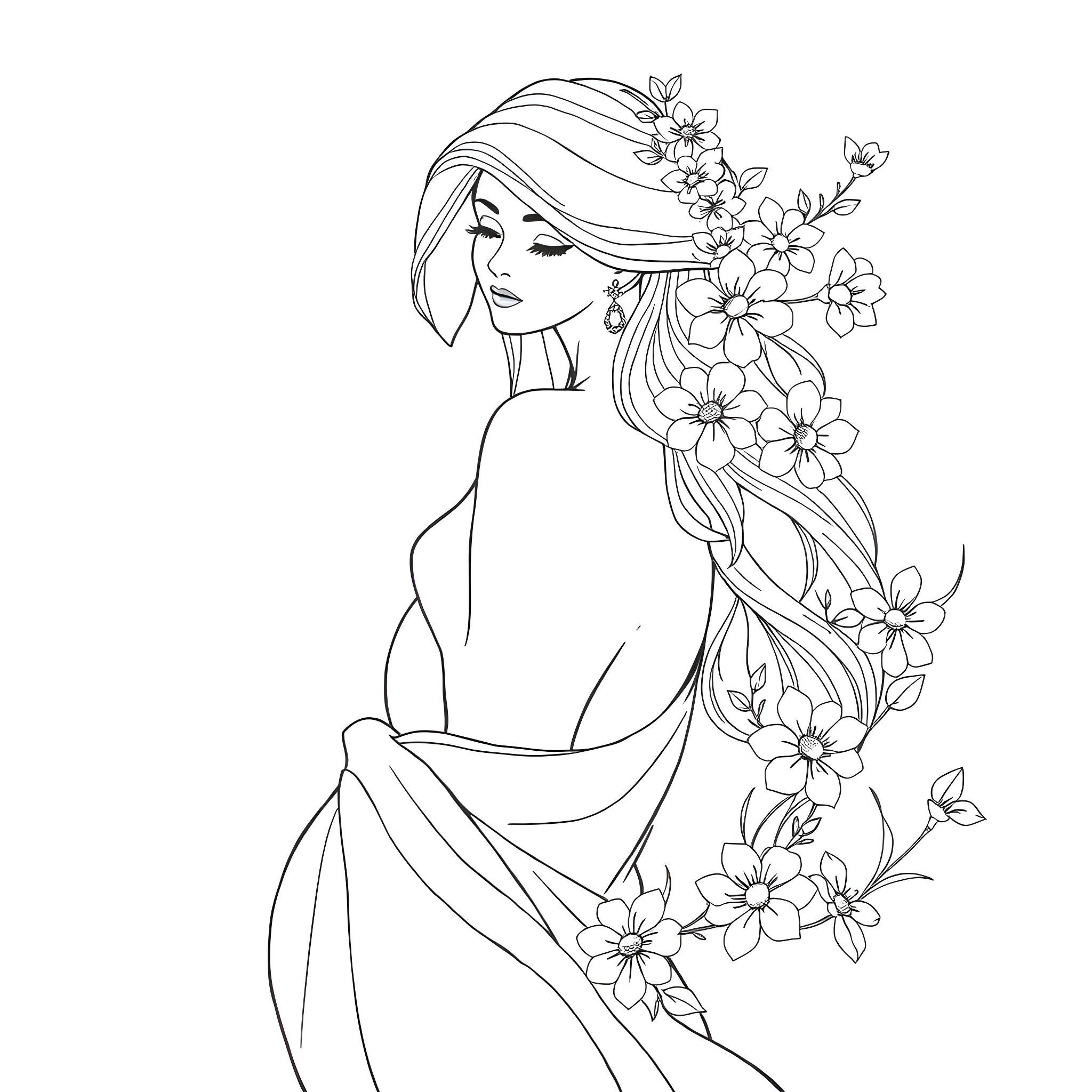 Breast with Floral Embellishments Coloring Page (free black-and-white line drawing printable PDF for all, from beginners to advanced learners, including children, teens, adults, and seniors)
