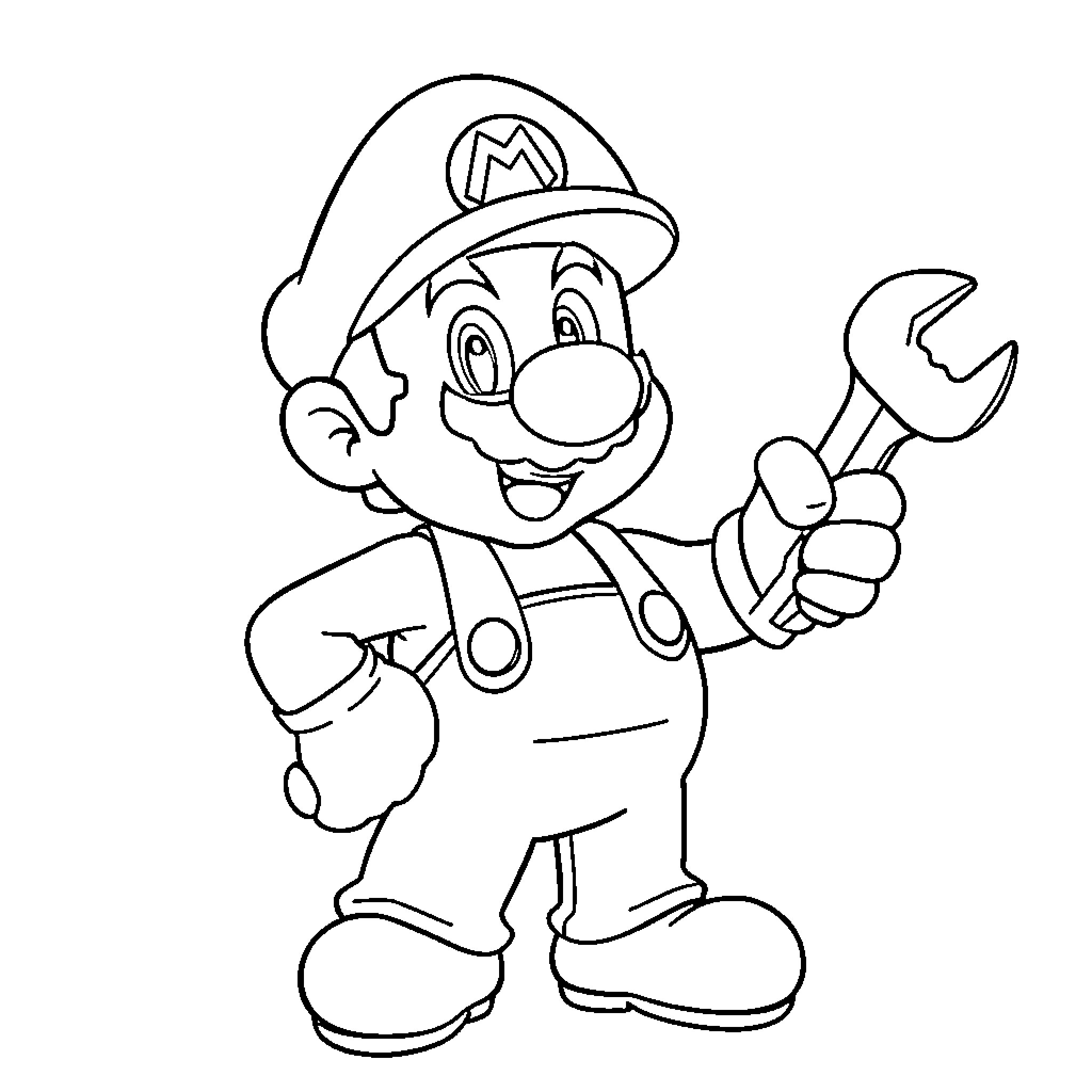 Mario Cheerfully Holding a Wrench Coloring Page (free black-and-white line drawing printable PDF for all, from beginners to advanced learners, including children, teens, adults, and seniors)