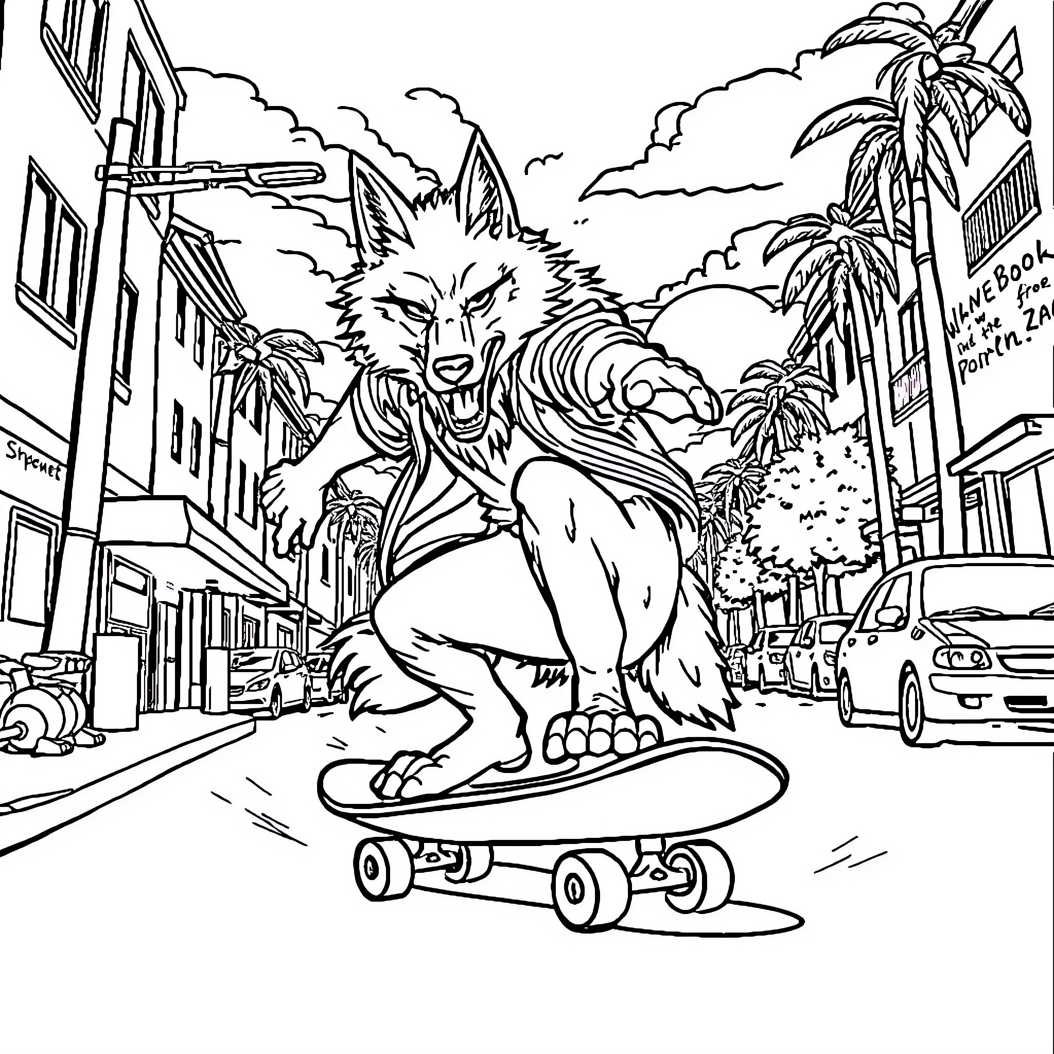 Werewolf skateboarding through the city streets Coloring Page (free black-and-white line drawing printable PDF for all, from beginners to advanced learners, including children, teens, adults, and seniors)