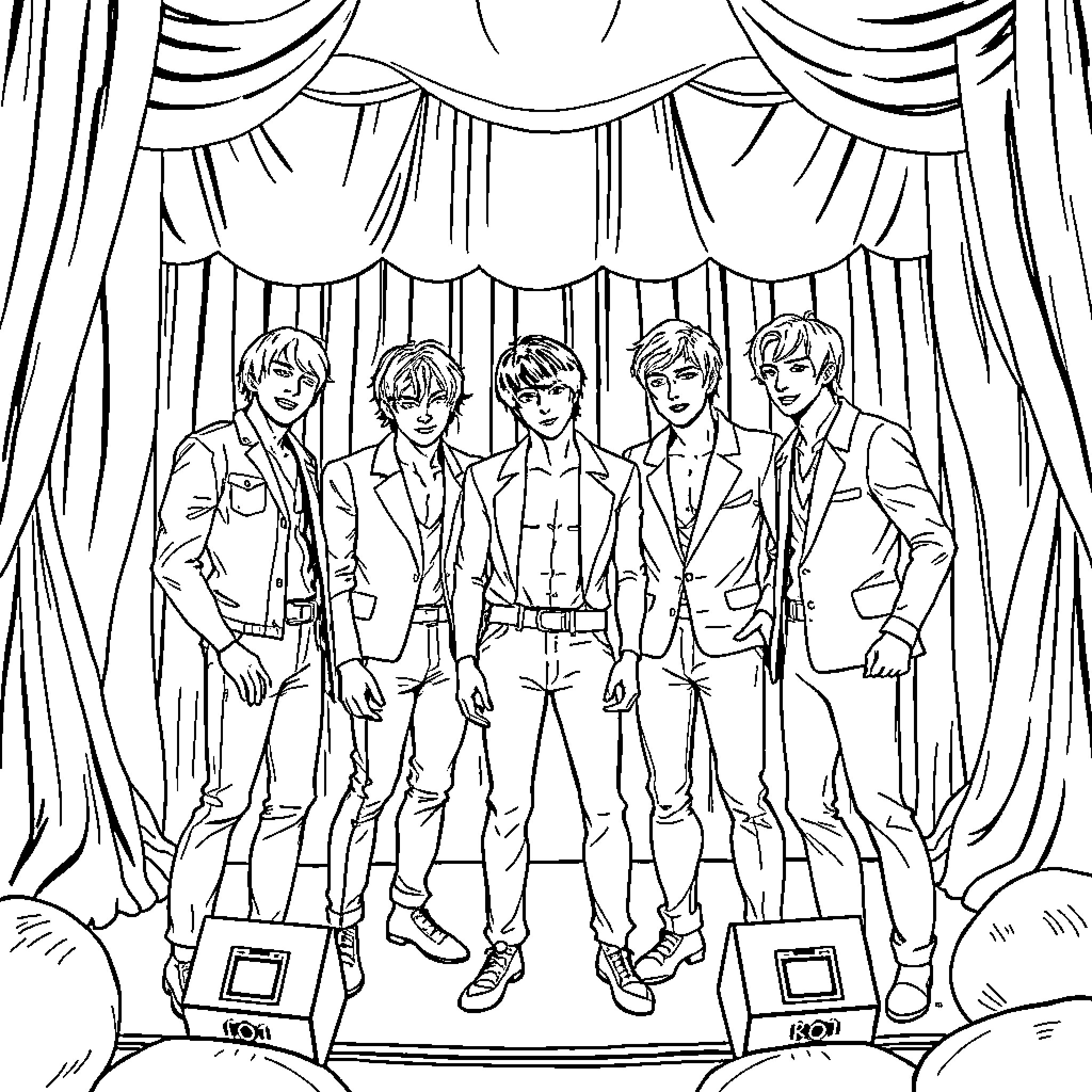 BTS Members in Formal Attire on Stage Coloring Page (free black-and-white line drawing printable PDF for all, from beginners to advanced learners, including children, teens, adults, and seniors)