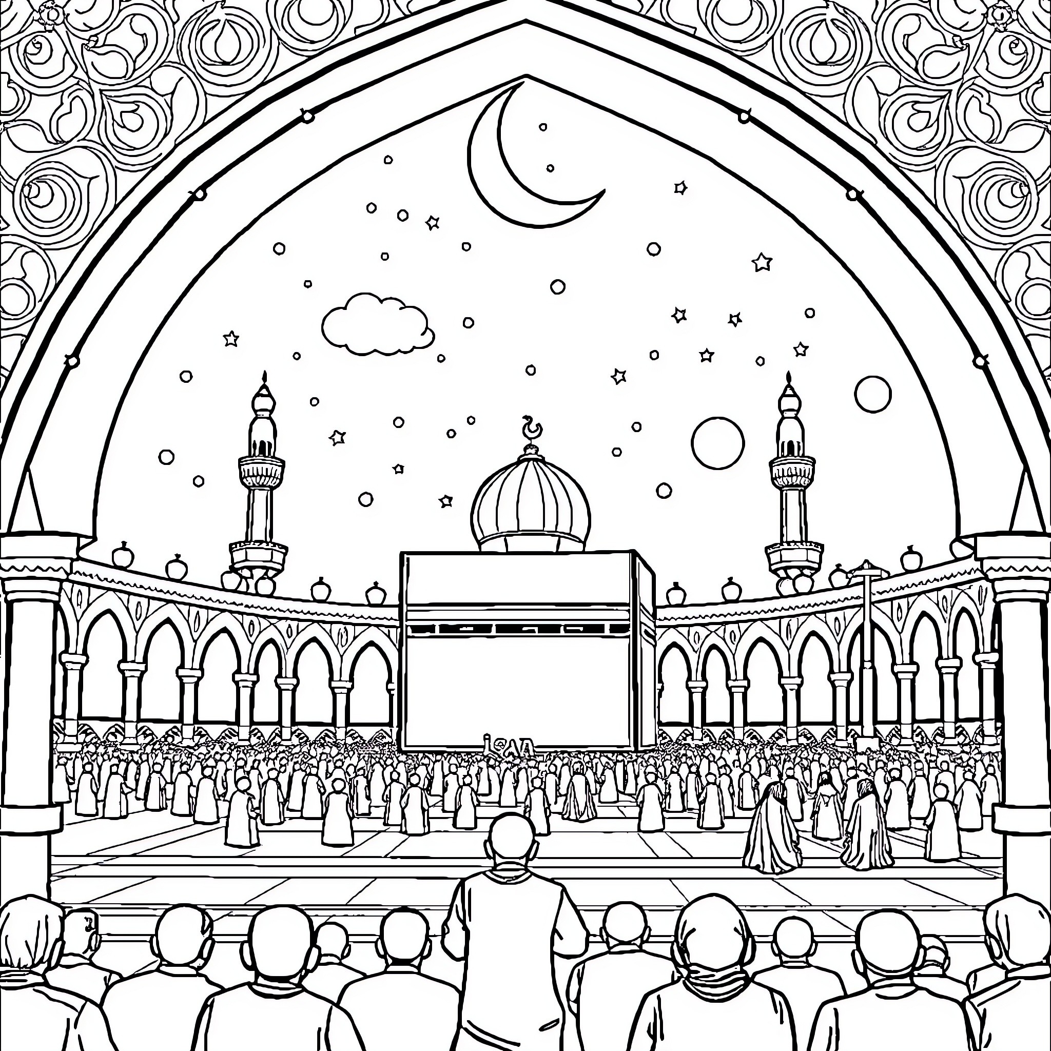 Islam: Worshippers at the Mosque under the Starry Sky Coloring Page (free black-and-white line drawing printable PDF for all, from beginners to advanced learners, including children, teens, adults, and seniors)