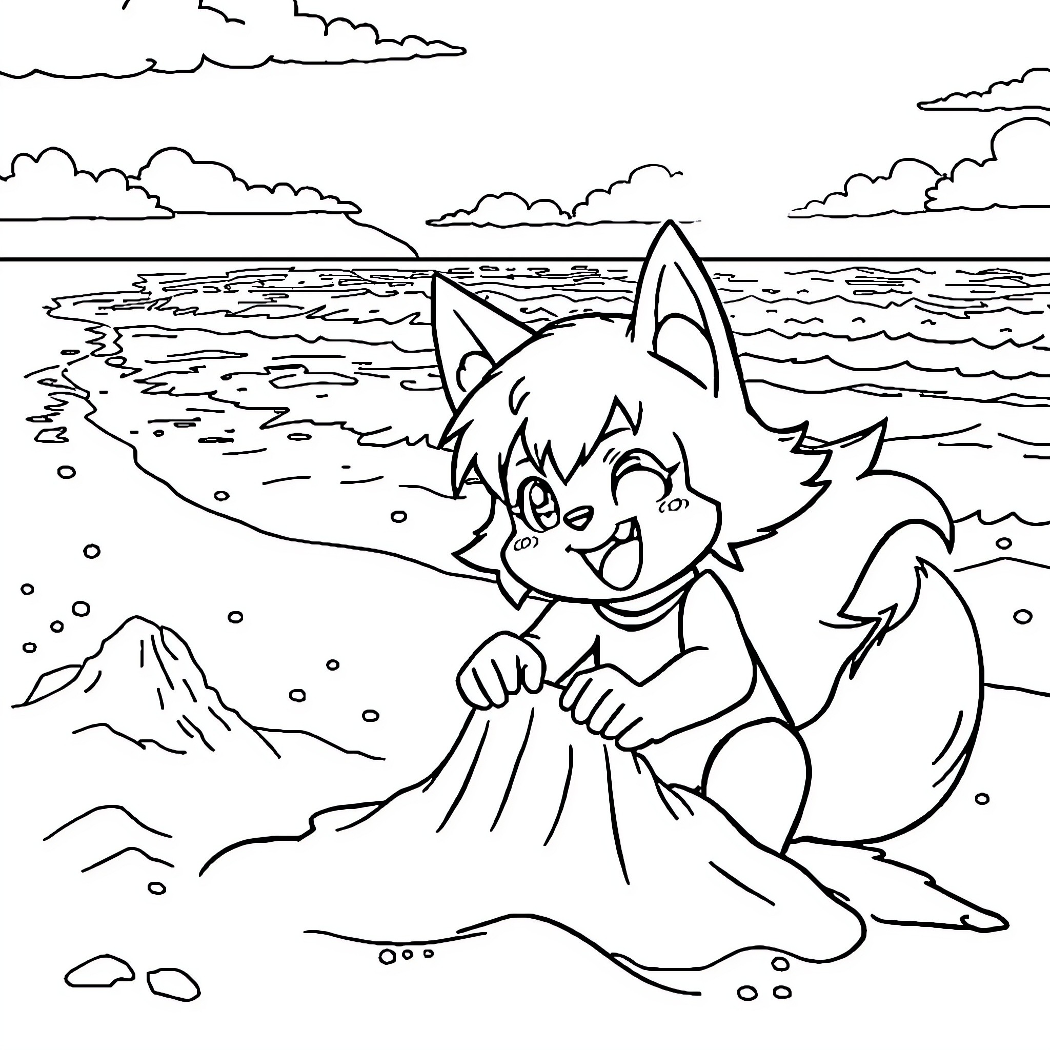 Inuyasha playfully digging in the sand by the ocean Coloring Page (free black-and-white line drawing printable PDF for all, from beginners to advanced learners, including children, teens, adults, and seniors)