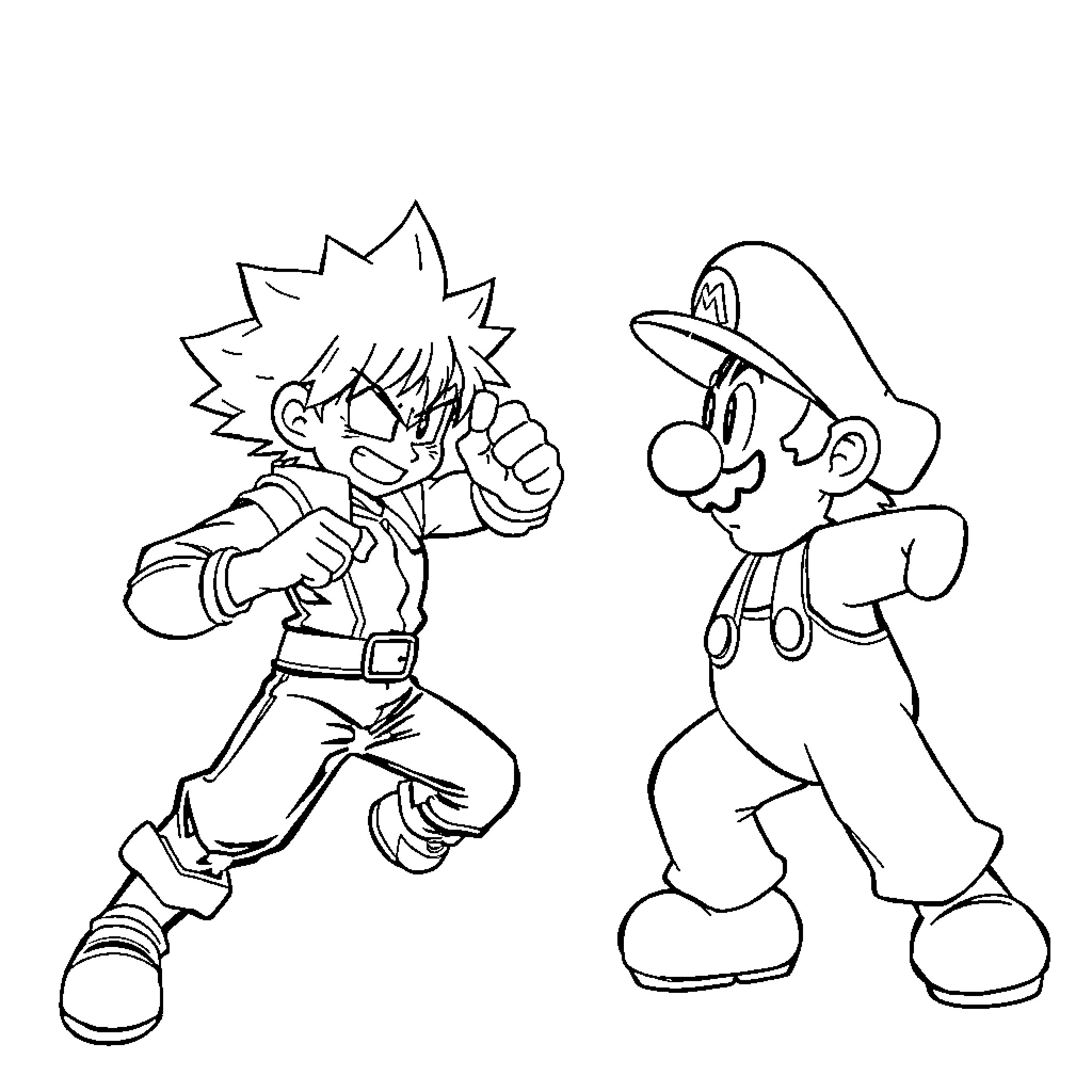Deku and Mario engaged in a playful exchange Coloring Page (free black-and-white line drawing printable PDF for all, from beginners to advanced learners, including children, teens, adults, and seniors)