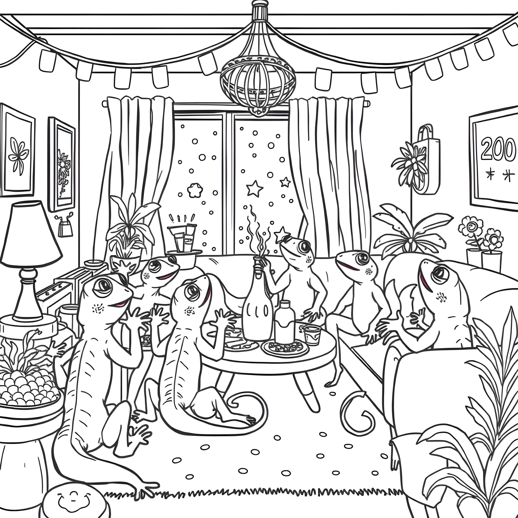 Gecko Enjoying a Lively Party with Friends Coloring Page (free black-and-white line drawing printable PDF for all, from beginners to advanced learners, including children, teens, adults, and seniors)