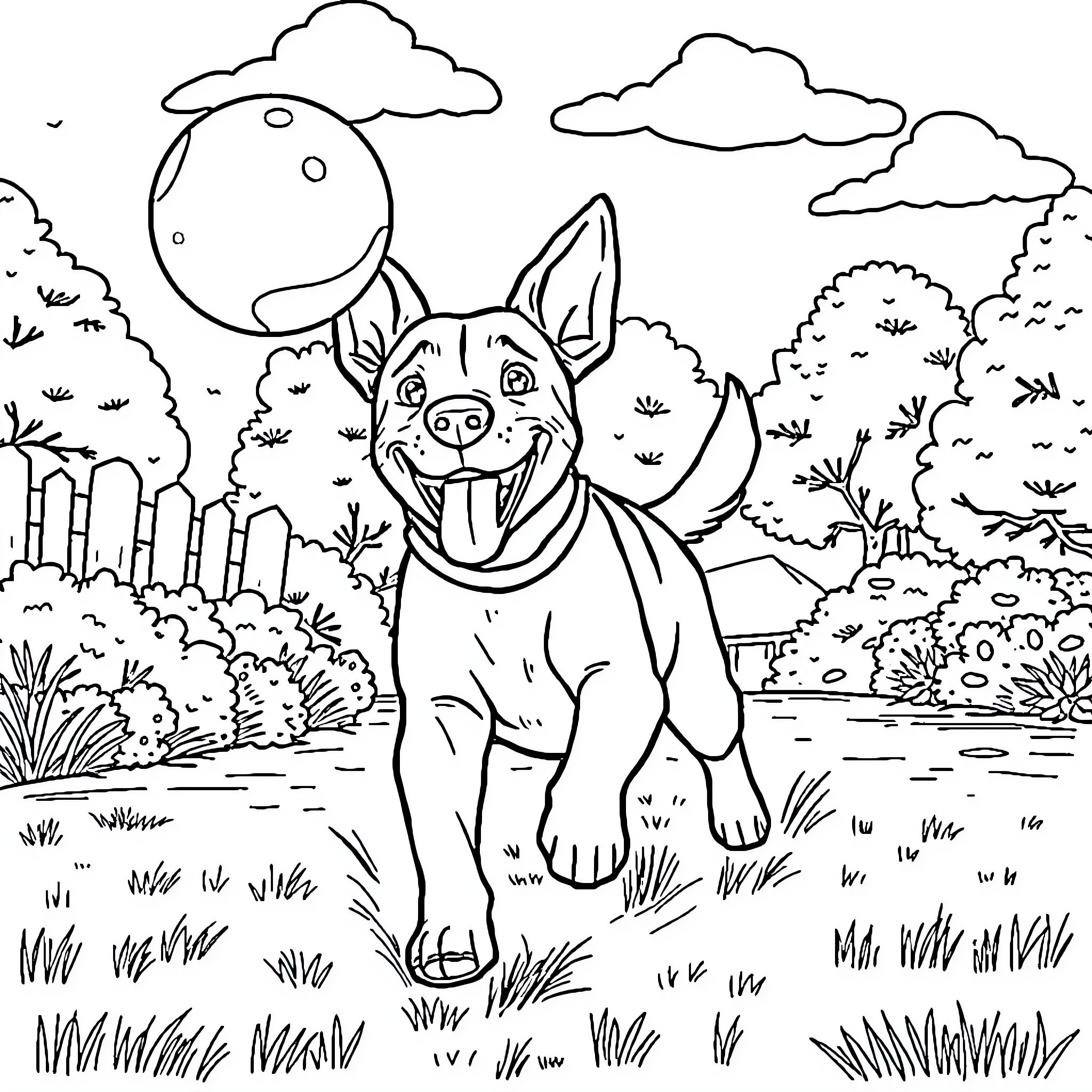 Dog enjoying the outdoors in a natural setting Coloring Page (free black-and-white line drawing printable PDF for all, from beginners to advanced learners, including children, teens, adults, and seniors)