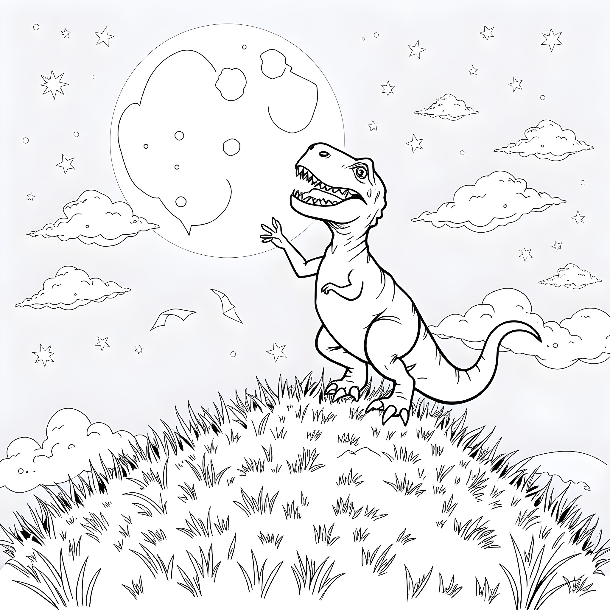 T-Rex roaring under the starry night sky Coloring Page (free black-and-white line drawing printable PDF for all, from beginners to advanced learners, including children, teens, adults, and seniors)