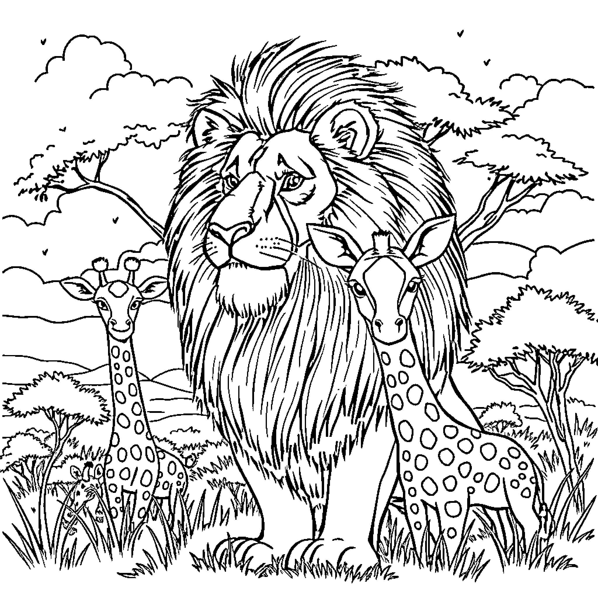 Lion standing proudly in the wild landscape Coloring Page (free black-and-white line drawing printable PDF for all, from beginners to advanced learners, including children, teens, adults, and seniors)