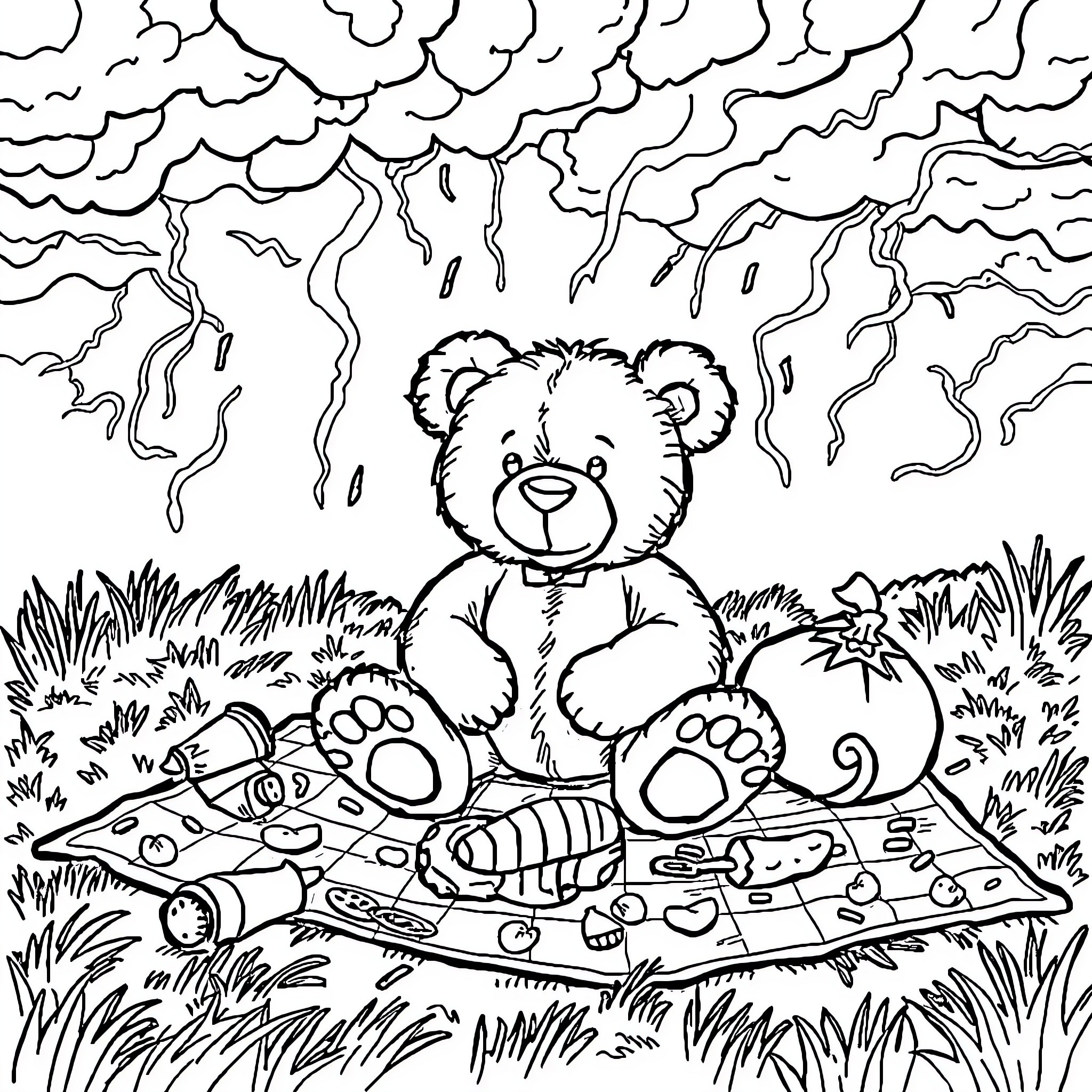Teddy Bear Enjoying a Picnic in the Rainy Outdoors Coloring Page (free black-and-white line drawing printable PDF for all, from beginners to advanced learners, including children, teens, adults, and seniors)