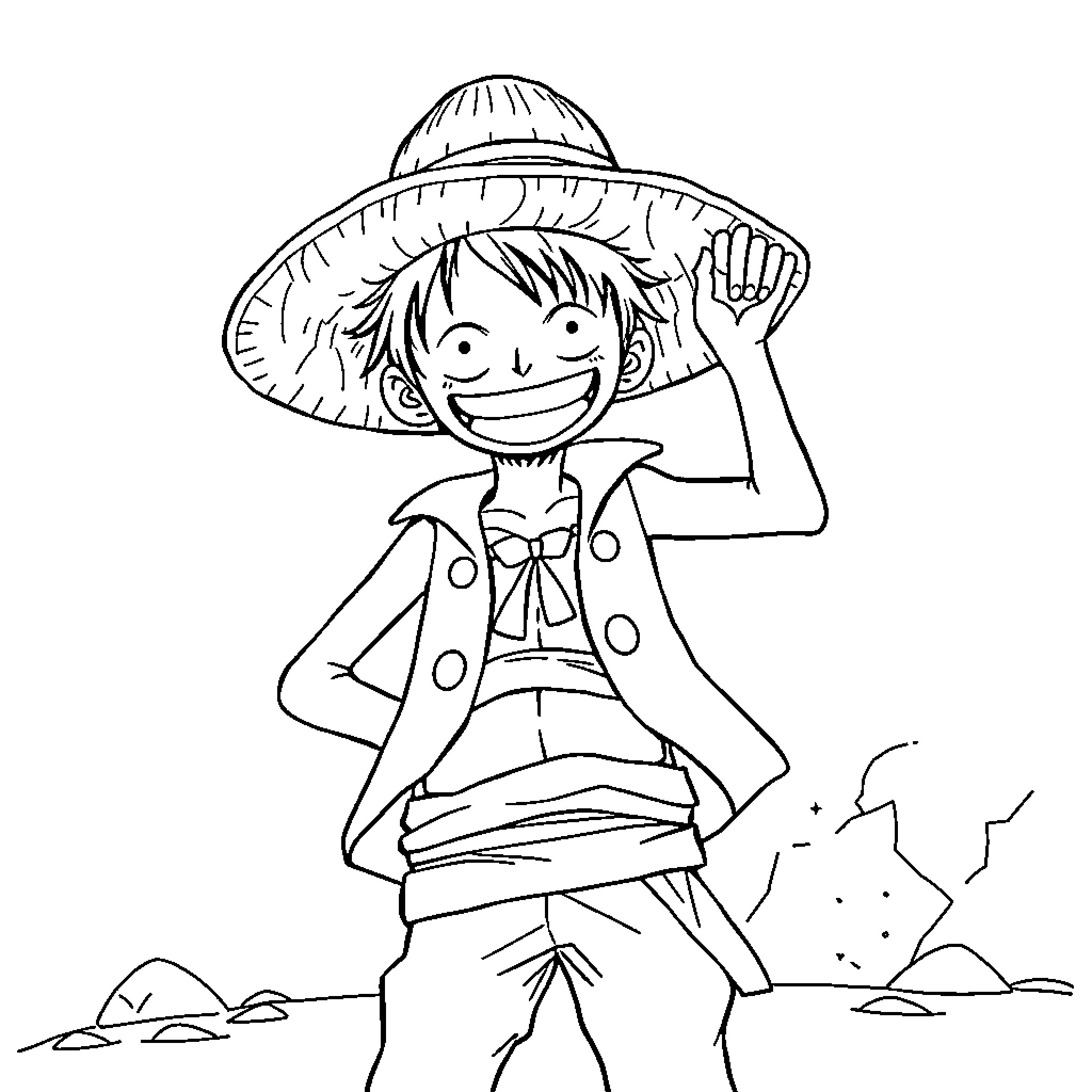 Monkey D Luffy excitedly raising his fist in a straw hat Coloring Page (free black-and-white line drawing printable PDF for all, from beginners to advanced learners, including children, teens, adults, and seniors)