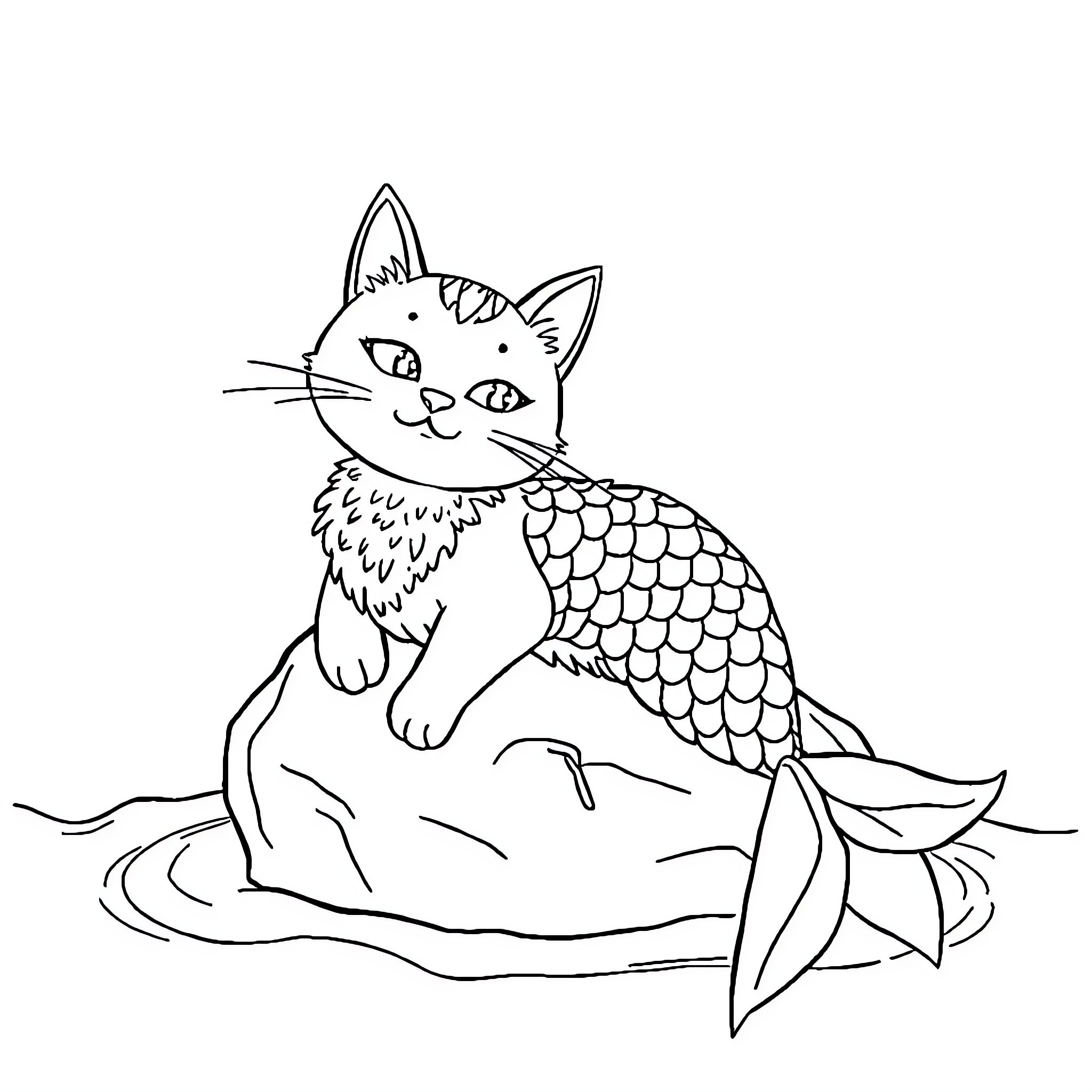 Mermaid Cat resting on a log in the water Coloring Page (free black-and-white line drawing printable PDF for all, from beginners to advanced learners, including children, teens, adults, and seniors)