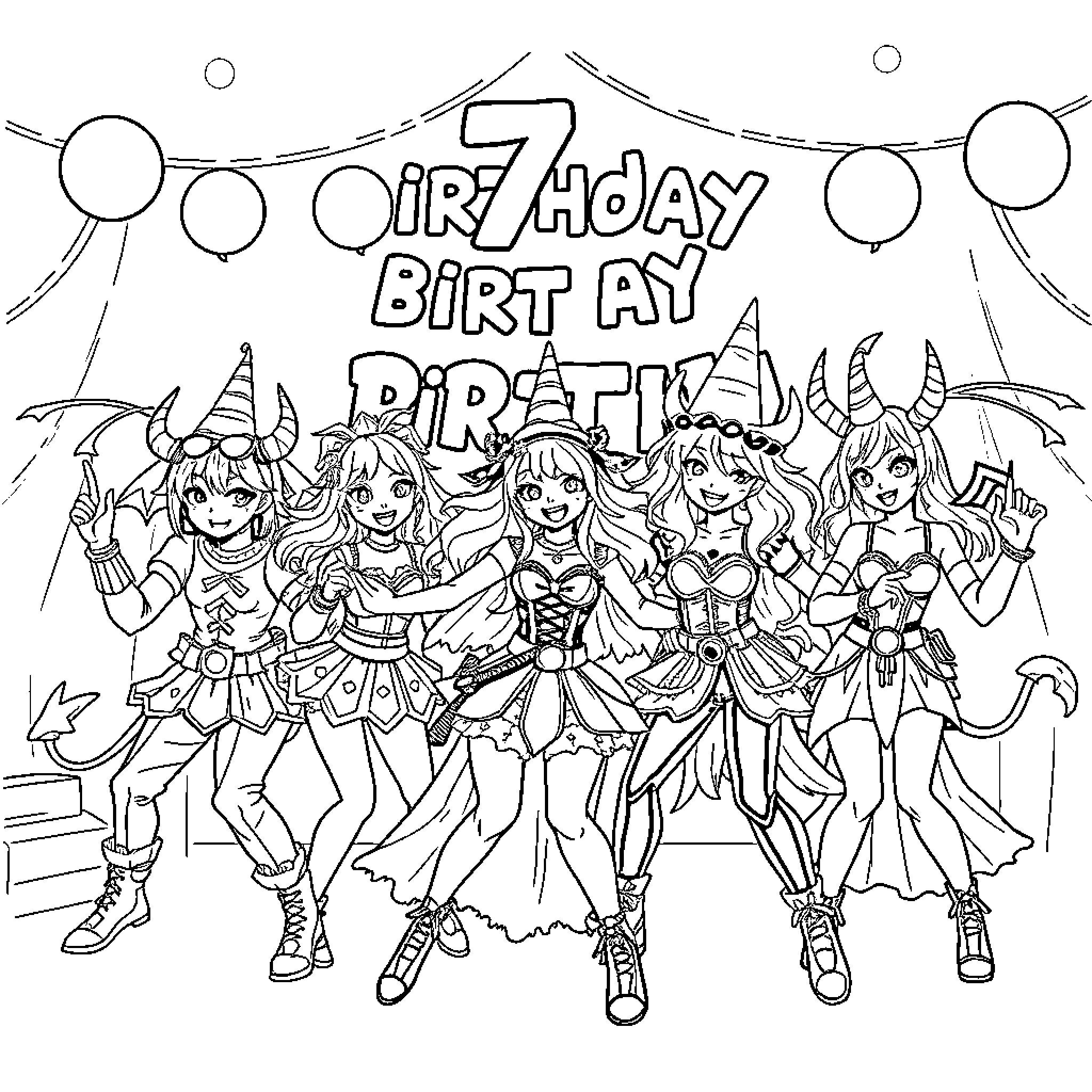 Demon Hunter Group Celebrates 7th Birthday Party Coloring Page (free black-and-white line drawing printable PDF for all, from beginners to advanced learners, including children, teens, adults, and seniors)