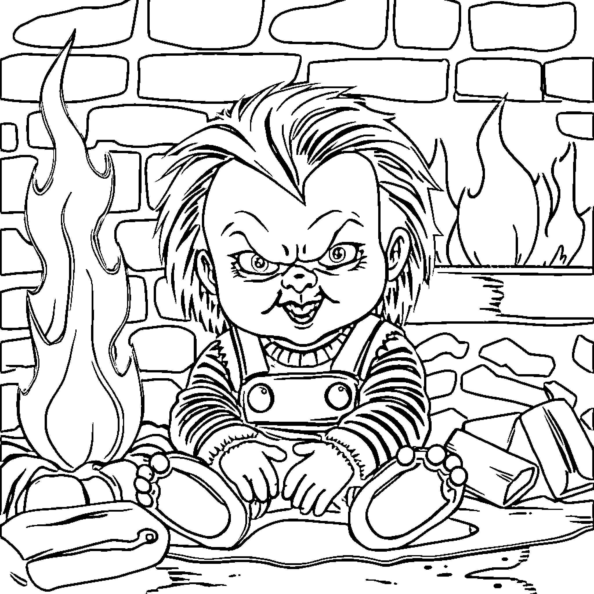 Chucky's Chaotic Mischief Coloring Page (free black-and-white line drawing printable PDF for all, from beginners to advanced learners, including children, teens, adults, and seniors)