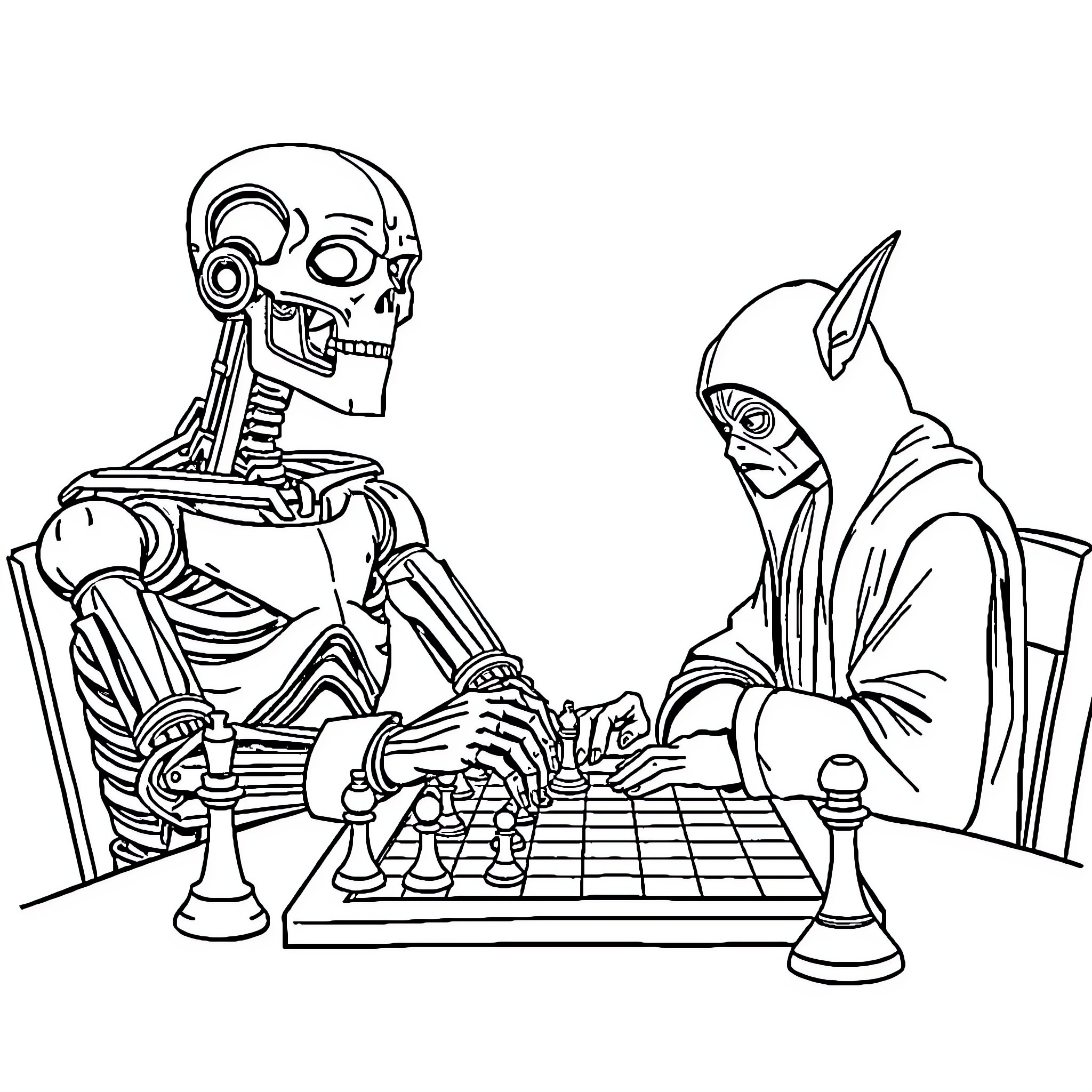 Jar Jar Binks playing chess with a skeletal robot Coloring Page (free black-and-white line drawing printable PDF for all, from beginners to advanced learners, including children, teens, adults, and seniors)