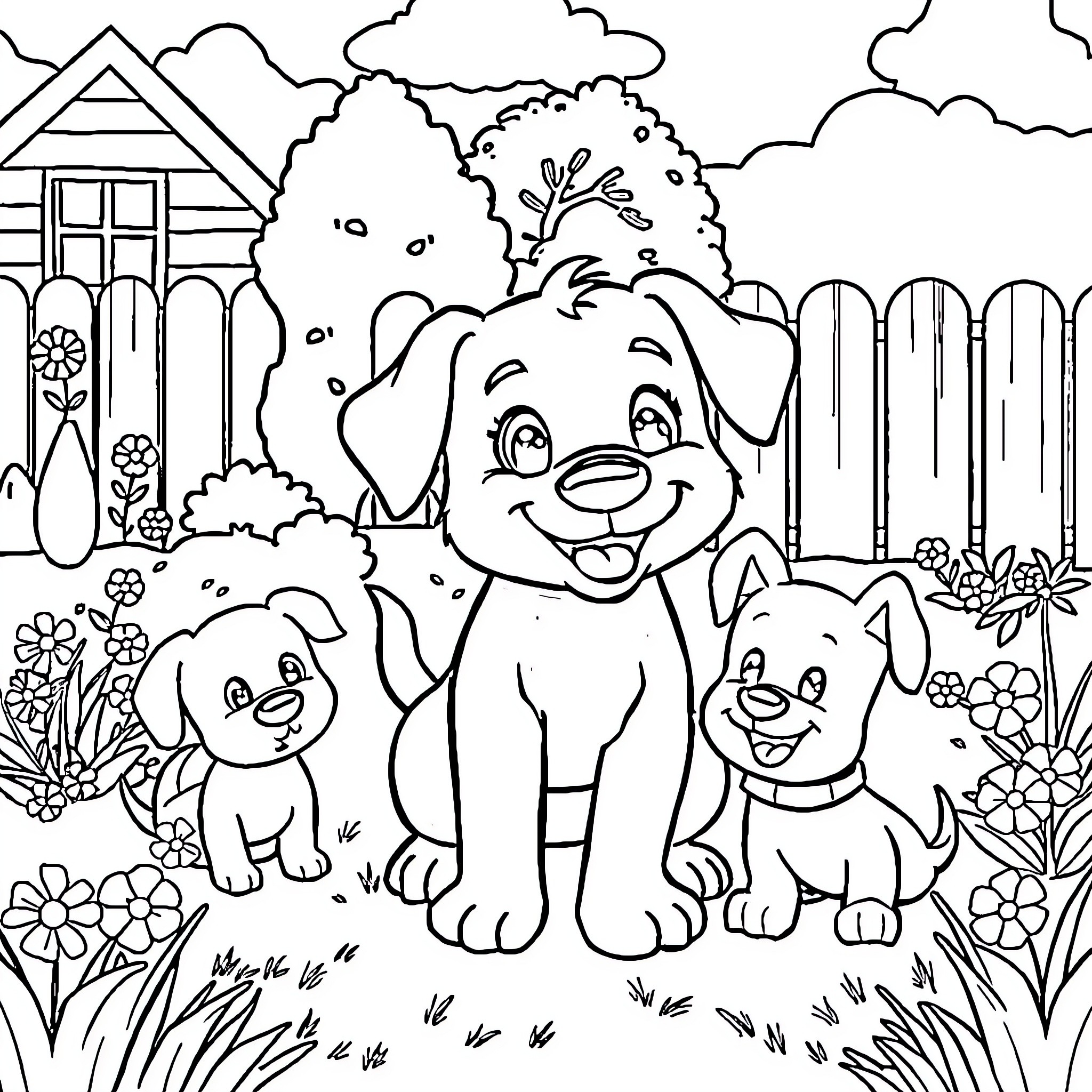 Bluey and pups explore the garden Coloring Page (free black-and-white line drawing printable PDF for all, from beginners to advanced learners, including children, teens, adults, and seniors)