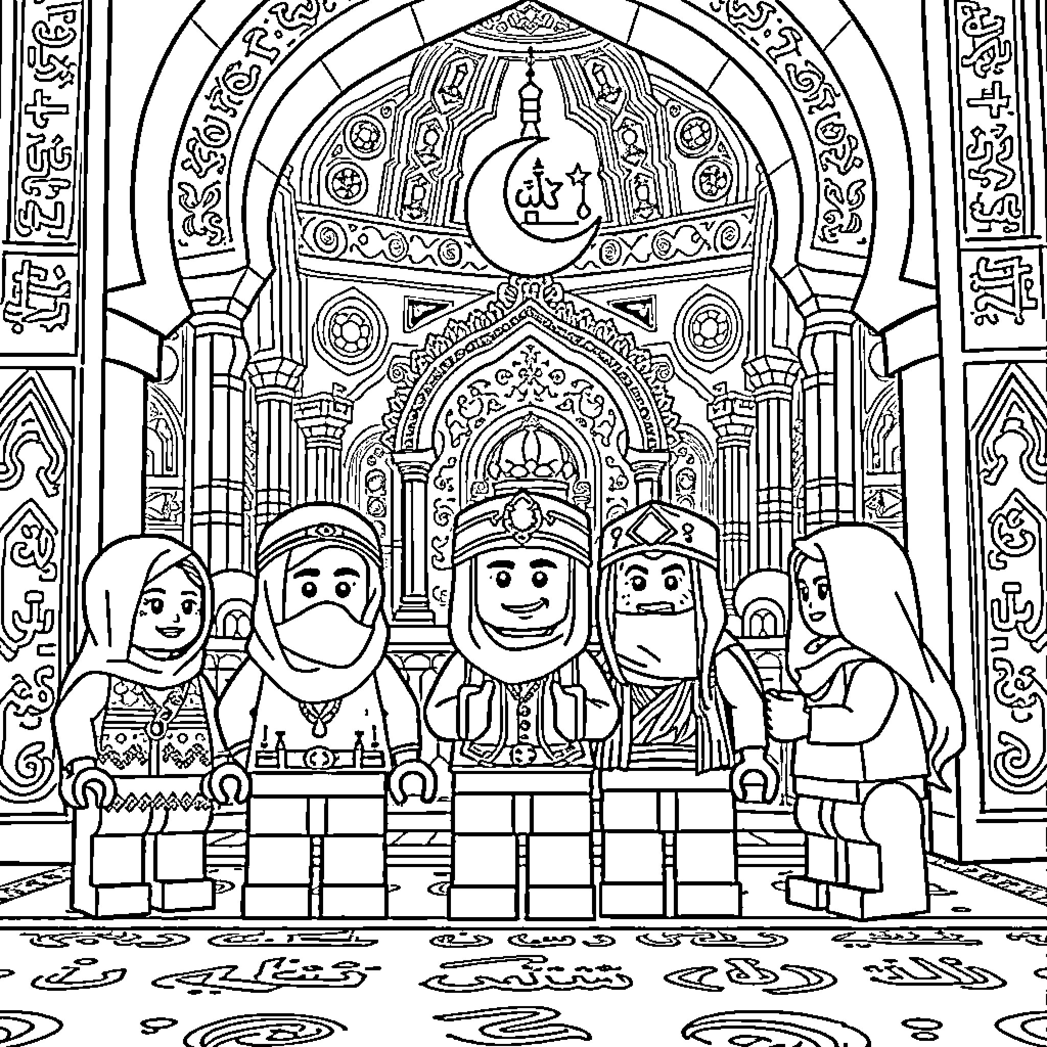 LEGO Characters in Ornate Religious Setting Coloring Page (free black-and-white line drawing printable PDF for all, from beginners to advanced learners, including children, teens, adults, and seniors)