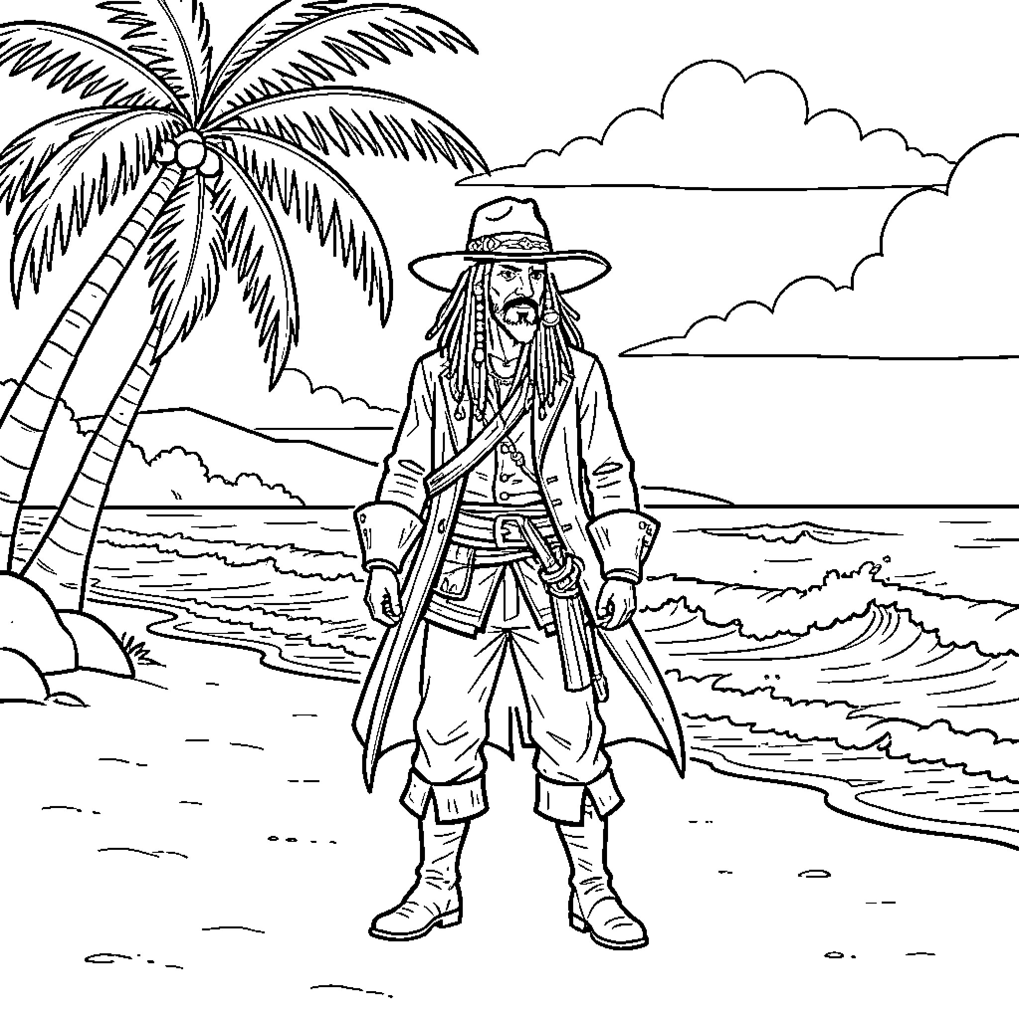 Captain Jack Sparrow in pirate attire on a tropical beach Coloring Page (free black-and-white line drawing printable PDF for all, from beginners to advanced learners, including children, teens, adults, and seniors)
