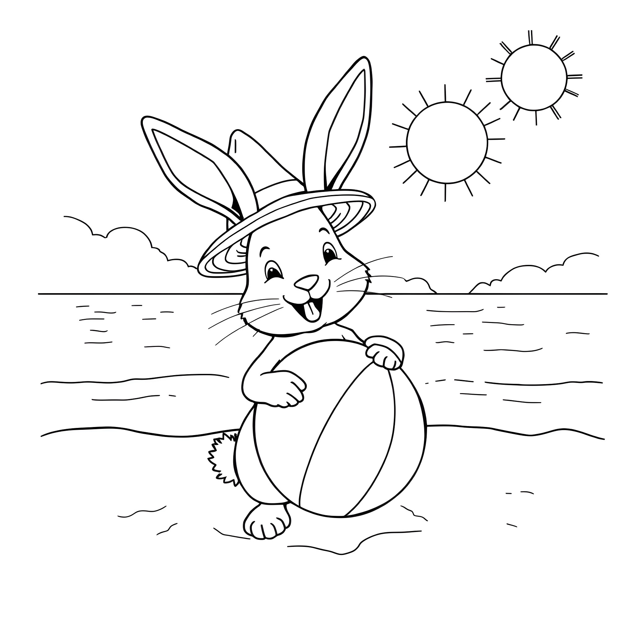 Bunny playing on the beach with a beach ball Coloring Page (free black-and-white line drawing printable PDF for all, from beginners to advanced learners, including children, teens, adults, and seniors)