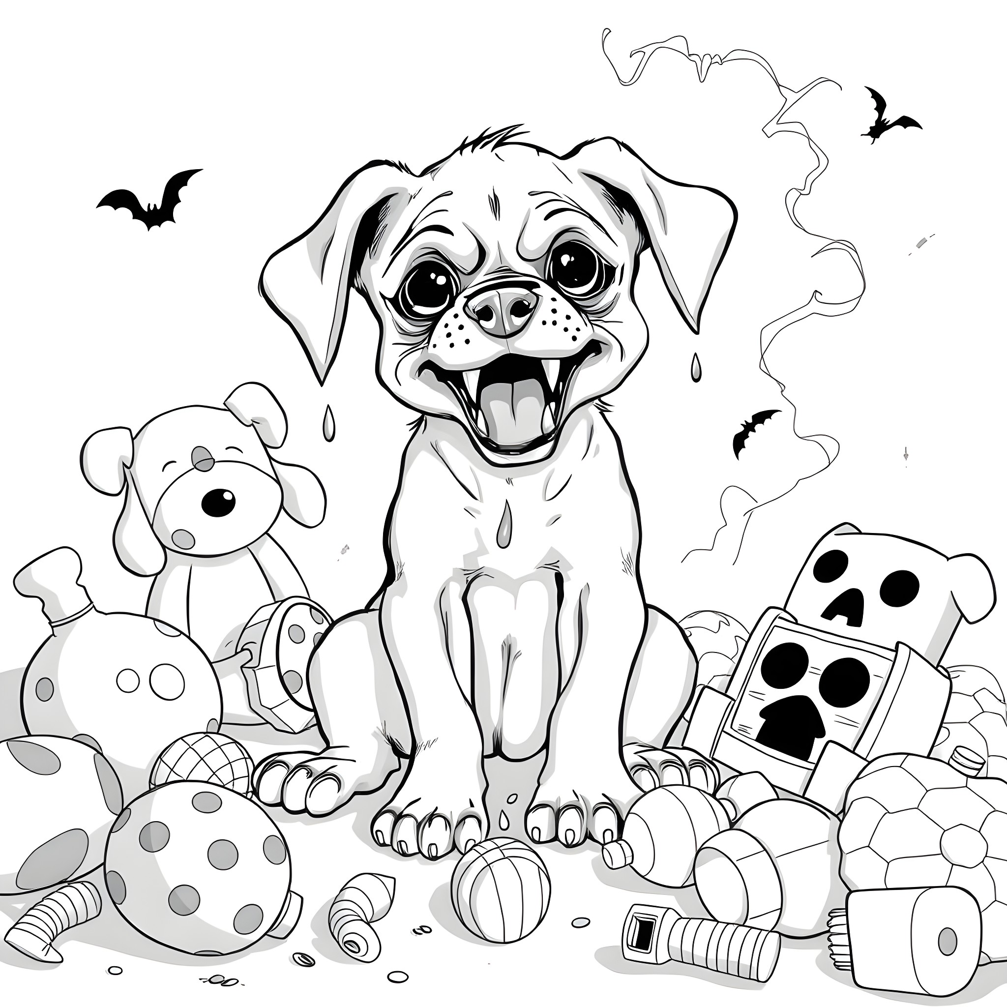 Puppy with Toys on Halloween Coloring Page (free black-and-white line drawing printable PDF for all, from beginners to advanced learners, including children, teens, adults, and seniors)