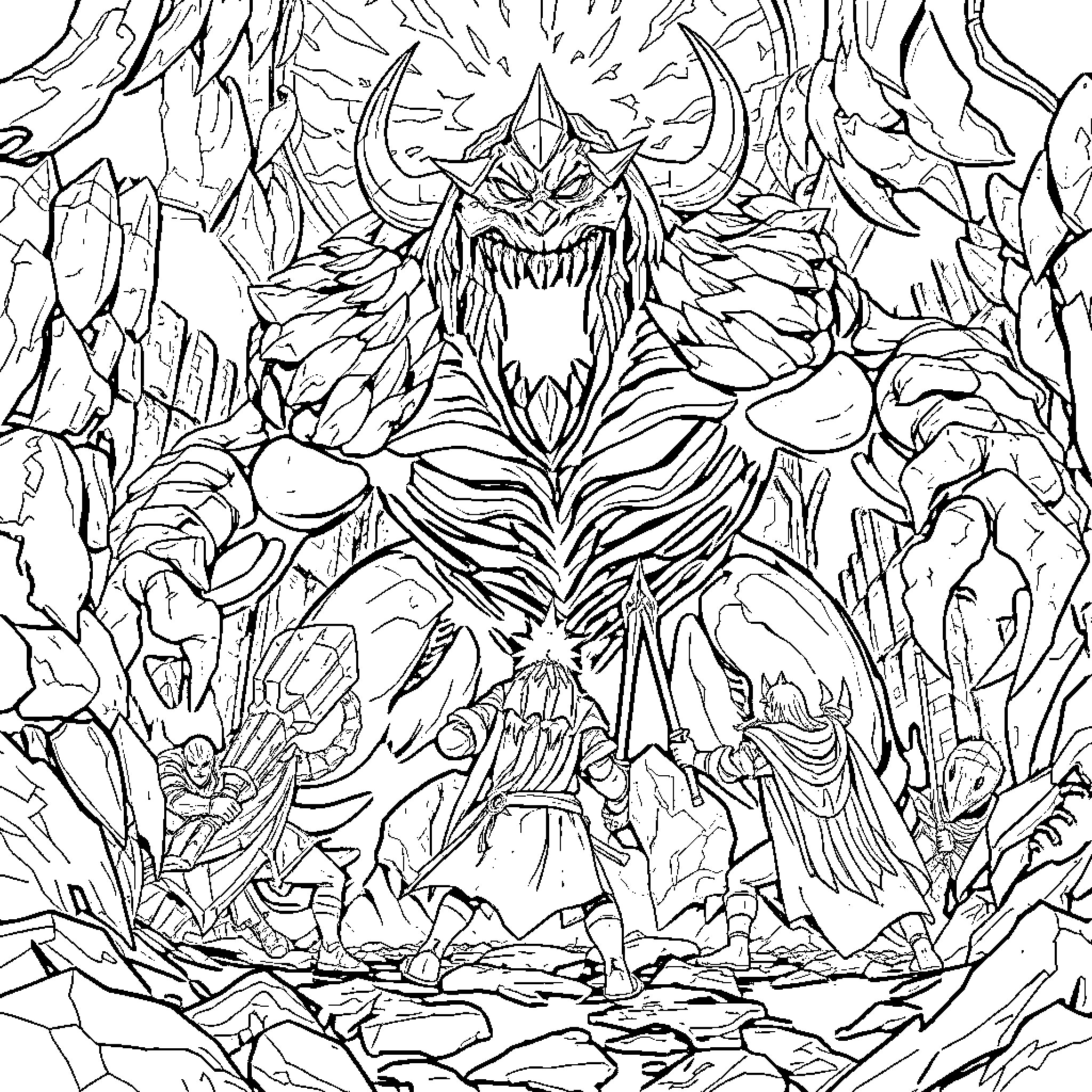 Boss monster emerging from a dark cave Coloring Page (free black-and-white line drawing printable PDF for all, from beginners to advanced learners, including children, teens, adults, and seniors)
