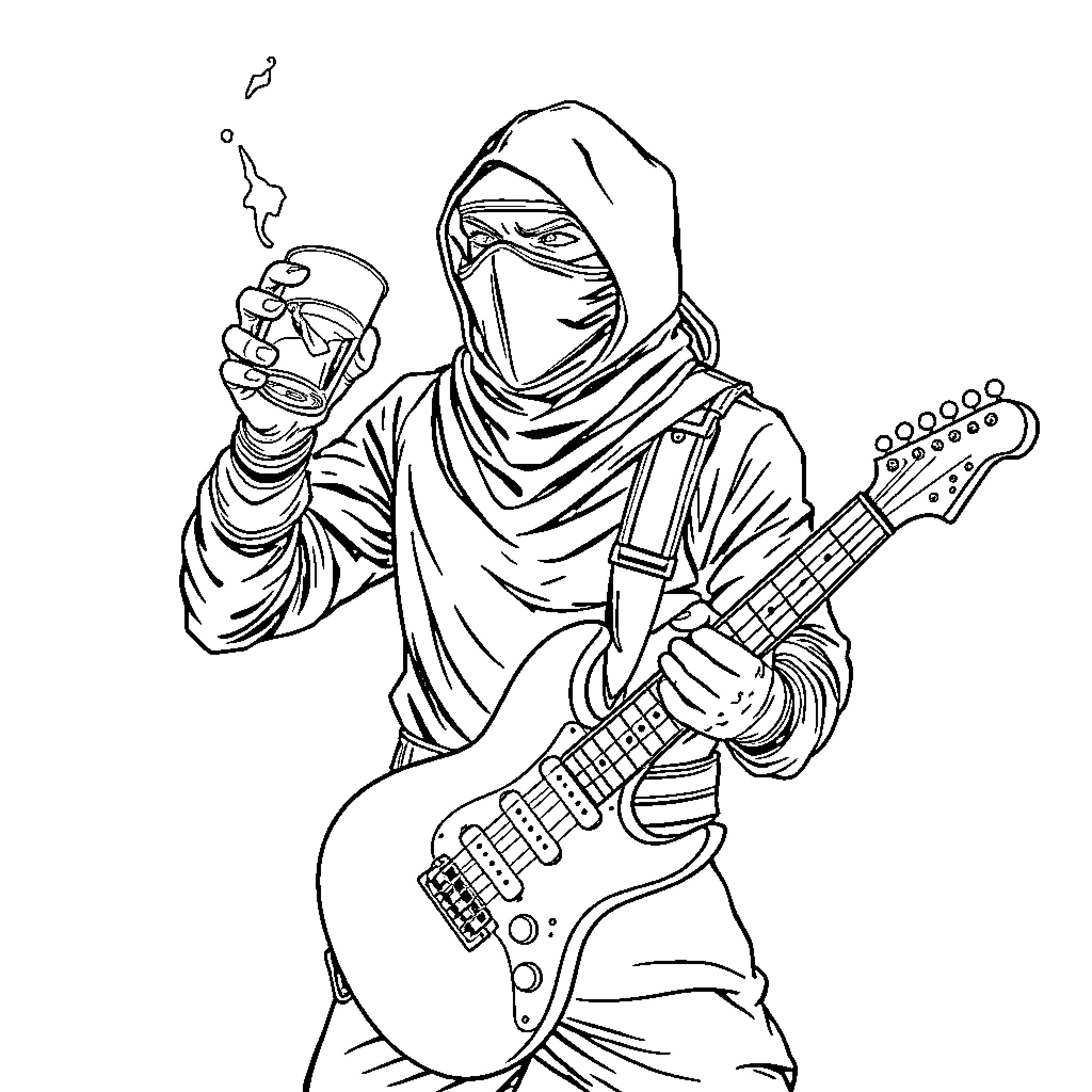 Ninja musician playing electric guitar Coloring Page (free black-and-white line drawing printable PDF for all, from beginners to advanced learners, including children, teens, adults, and seniors)