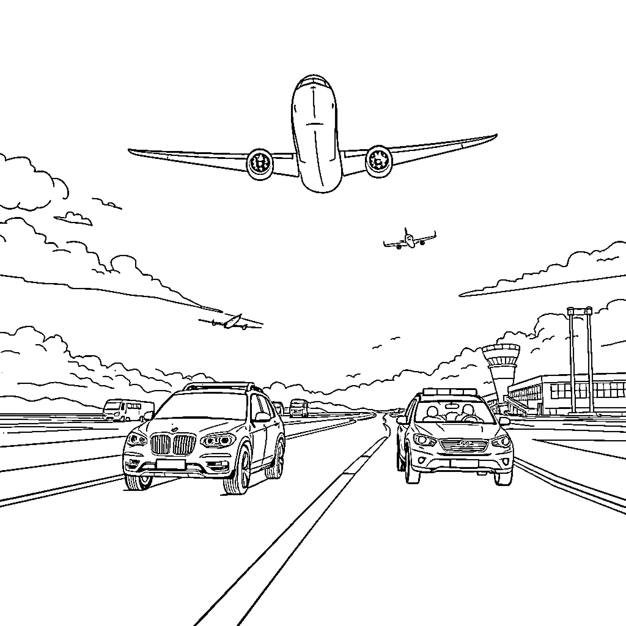 Airplane soaring over bustling airport traffic Coloring Page (free black-and-white line drawing printable PDF for all, from beginners to advanced learners, including children, teens, adults, and seniors)