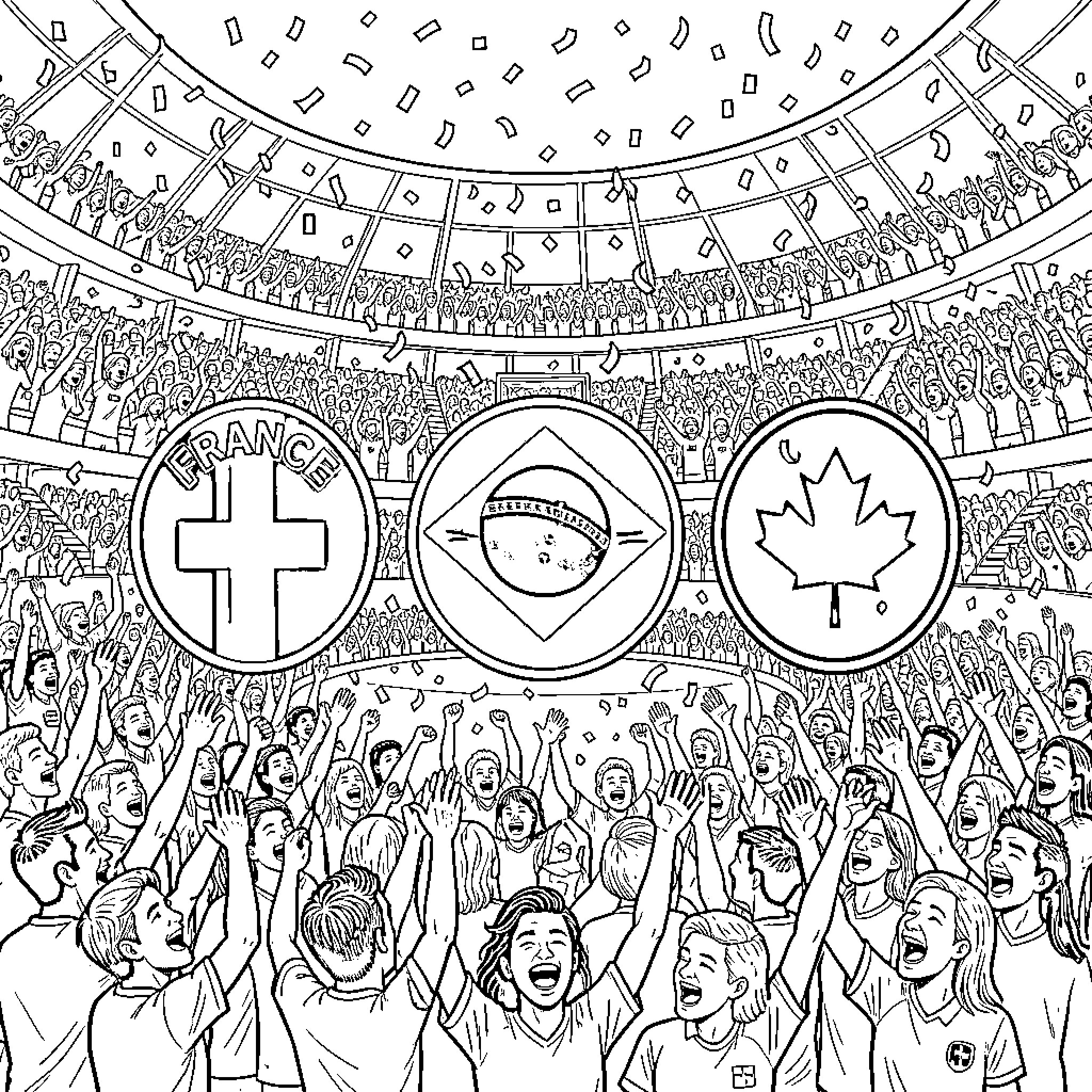 Soccer Team fans cheering enthusiastically in a crowded stadium Coloring Page (free black-and-white line drawing printable PDF for all, from beginners to advanced learners, including children, teens, adults, and seniors)