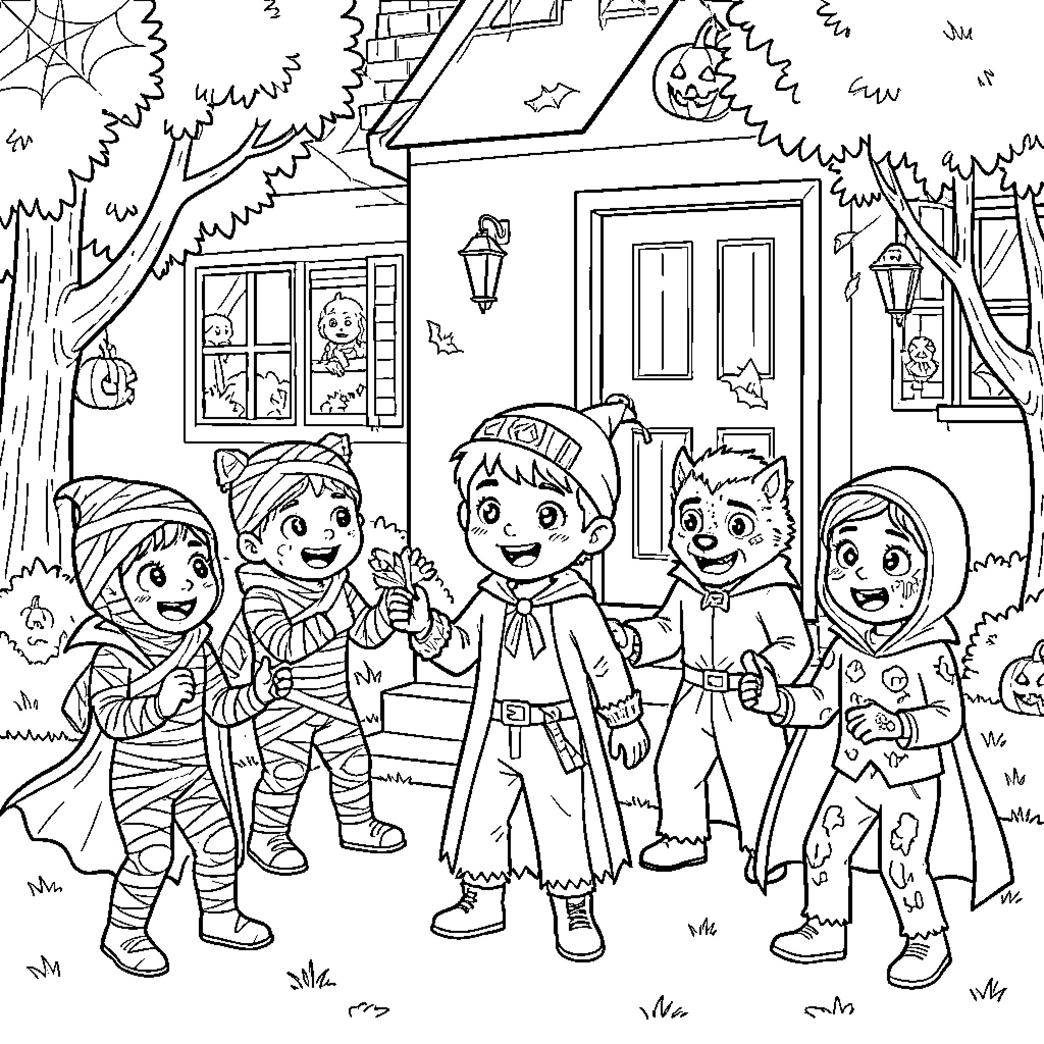 Halloween children in costumes celebrating together in front of a house Coloring Page (free black-and-white line drawing printable PDF for all, from beginners to advanced learners, including children, teens, adults, and seniors)
