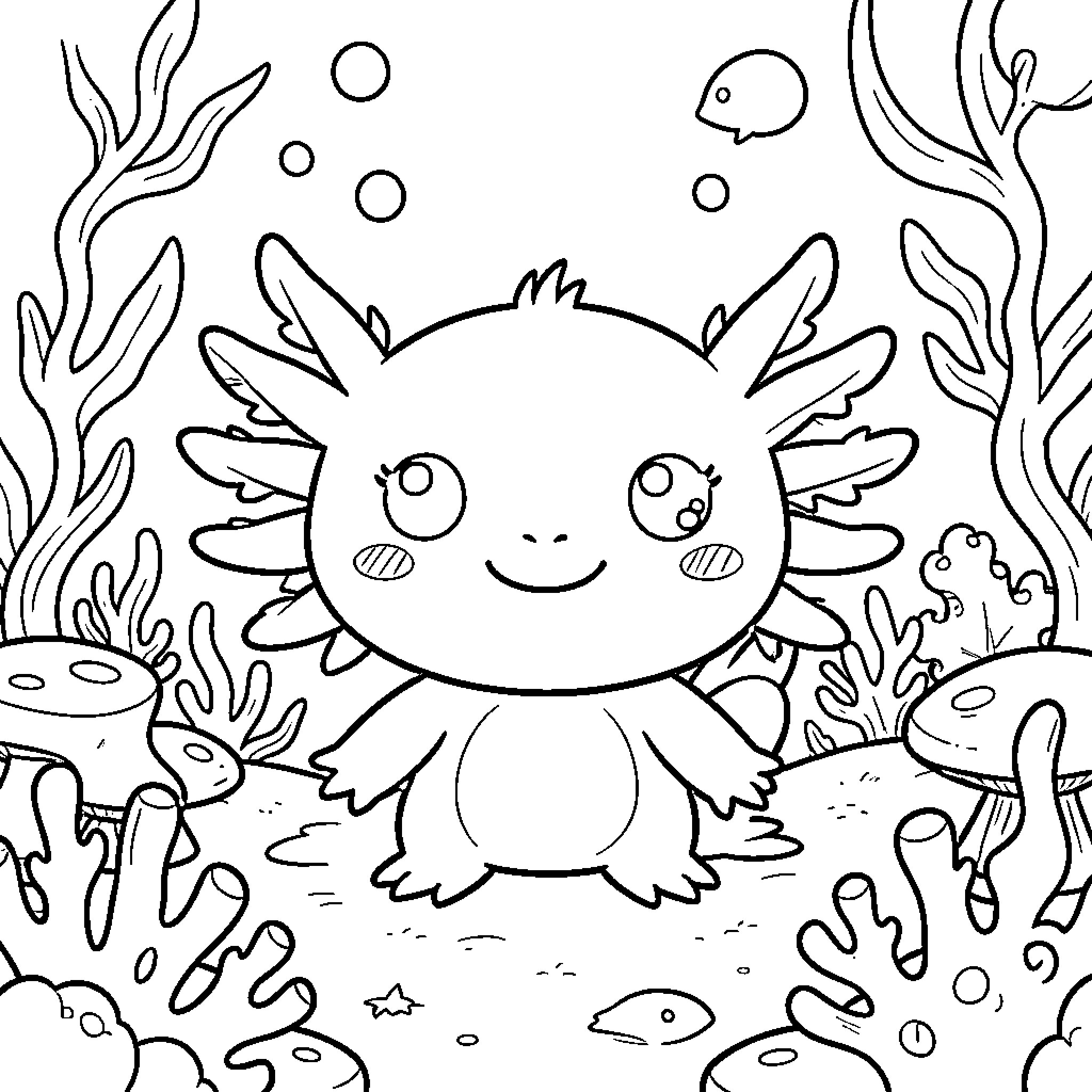 Oxolotl smiling happily amidst underwater seaweed and bubbles Coloring Page (free black-and-white line drawing printable PDF for all, from beginners to advanced learners, including children, teens, adults, and seniors)