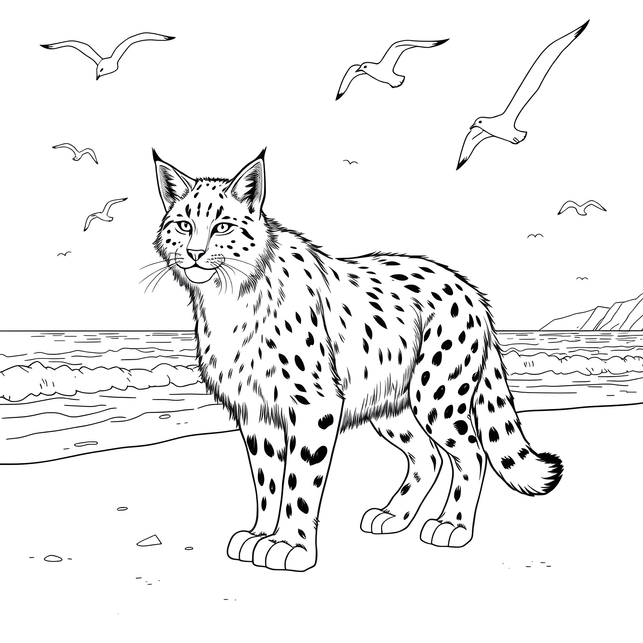 Lynx standing on the beach with seagulls Coloring Page (free black-and-white line drawing printable PDF for all, from beginners to advanced learners, including children, teens, adults, and seniors)