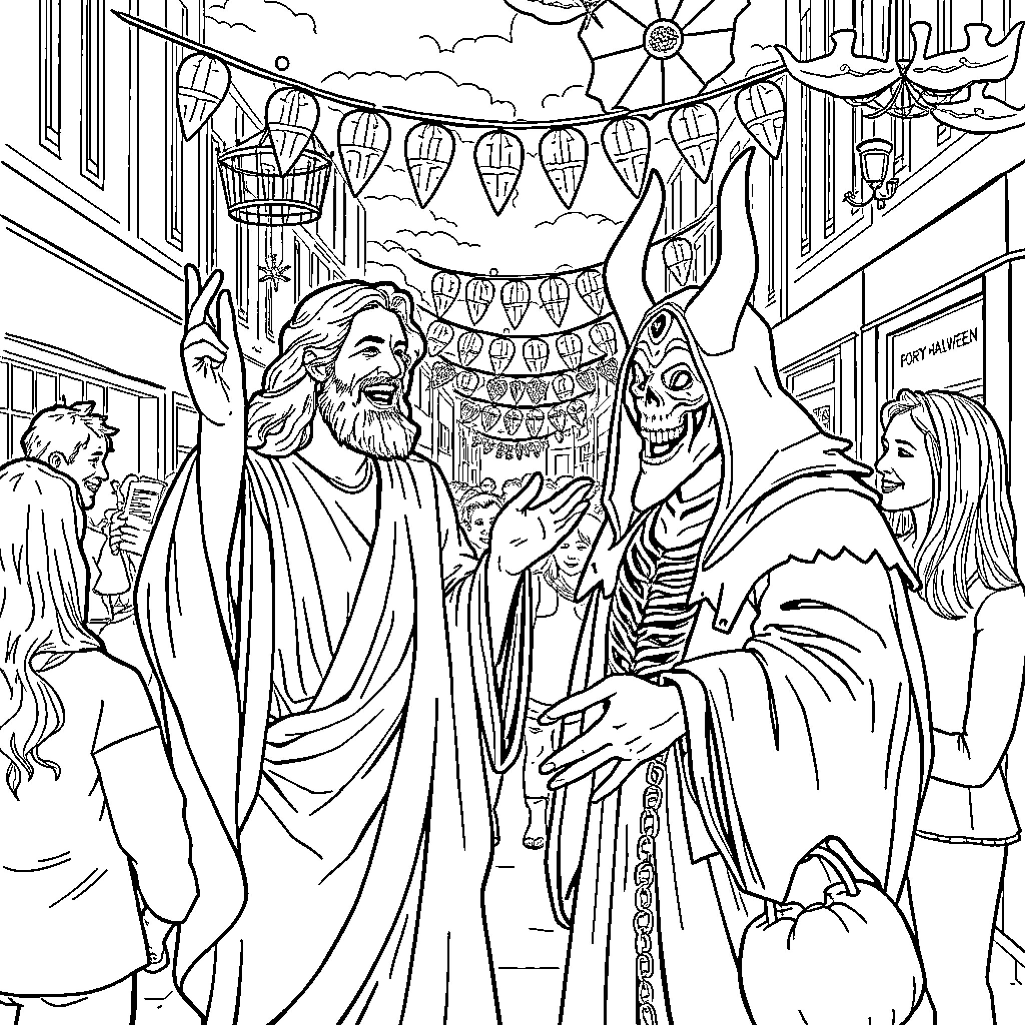 Jesus teaching amidst a festive crowd Coloring Page (free black-and-white line drawing printable PDF for all, from beginners to advanced learners, including children, teens, adults, and seniors)