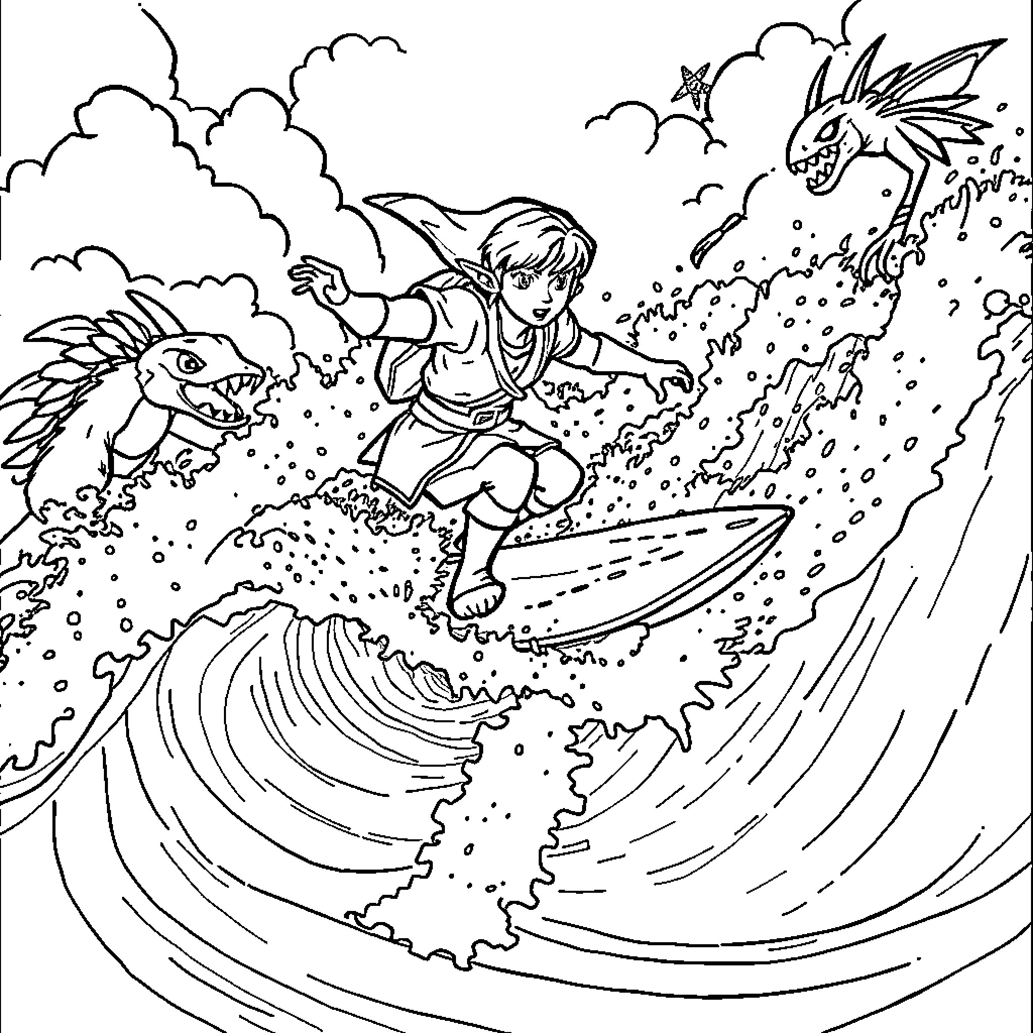 Link surfing on waves with fantastical creatures Coloring Page (free black-and-white line drawing printable PDF for all, from beginners to advanced learners, including children, teens, adults, and seniors)